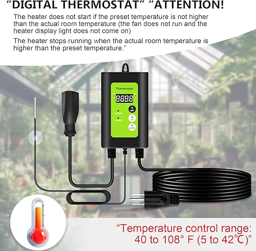 Miniatura 4 de Calentador de invernadero con termostato digital, ventilador eléctrico portátil para casa verde, tienda de campaña, sala de flores, protección