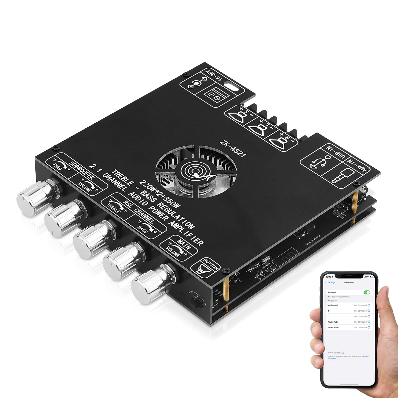 Bluetooth 5.1 Audio Amplifier Board, ZK-AS21 2.1 CH 160W x 2 + 220W HiFi Subwoofer Power Amp Mini Digital Audio Amp Module for Home Speakers(30-220W, 3-8Ohms), DC 16-38V, BT USB AUX Input-image-19