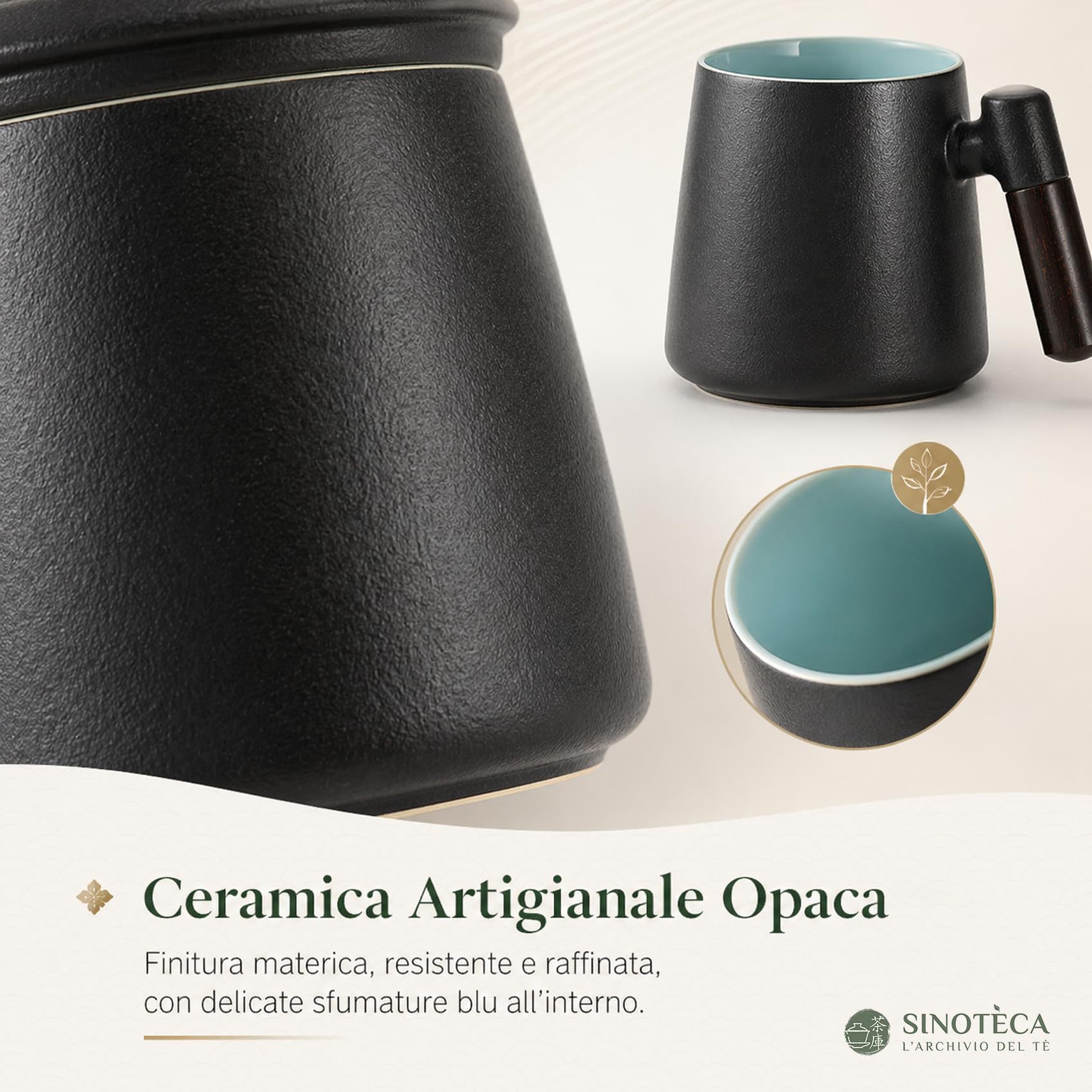 SINOTE'CA Tazza da Tè con Infusore e Coperchio 400ml, Set Regalo in Ceramica con Manico in Legno e Sottobicchiere, Tazza Tisana con Infusore Fine per Tè Sfuso, Confezione Regalo Elegante(Nero)