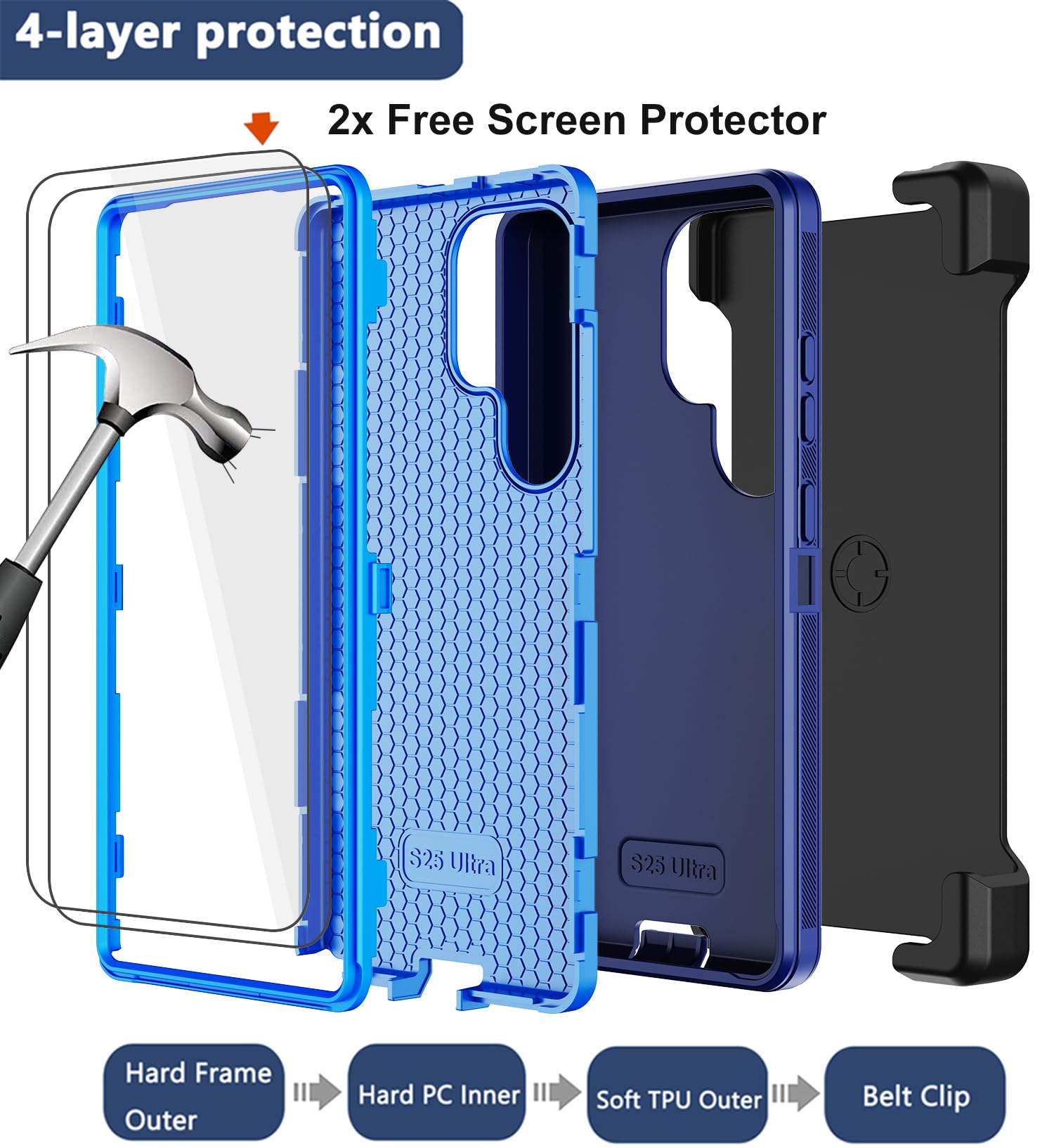 Custodia per Samsung Galaxy S25 Ultra con clip da cintura | 2 pellicole protettive per lo schermo, resistenti e di grado militare, corpo intero, cavalletto robusto