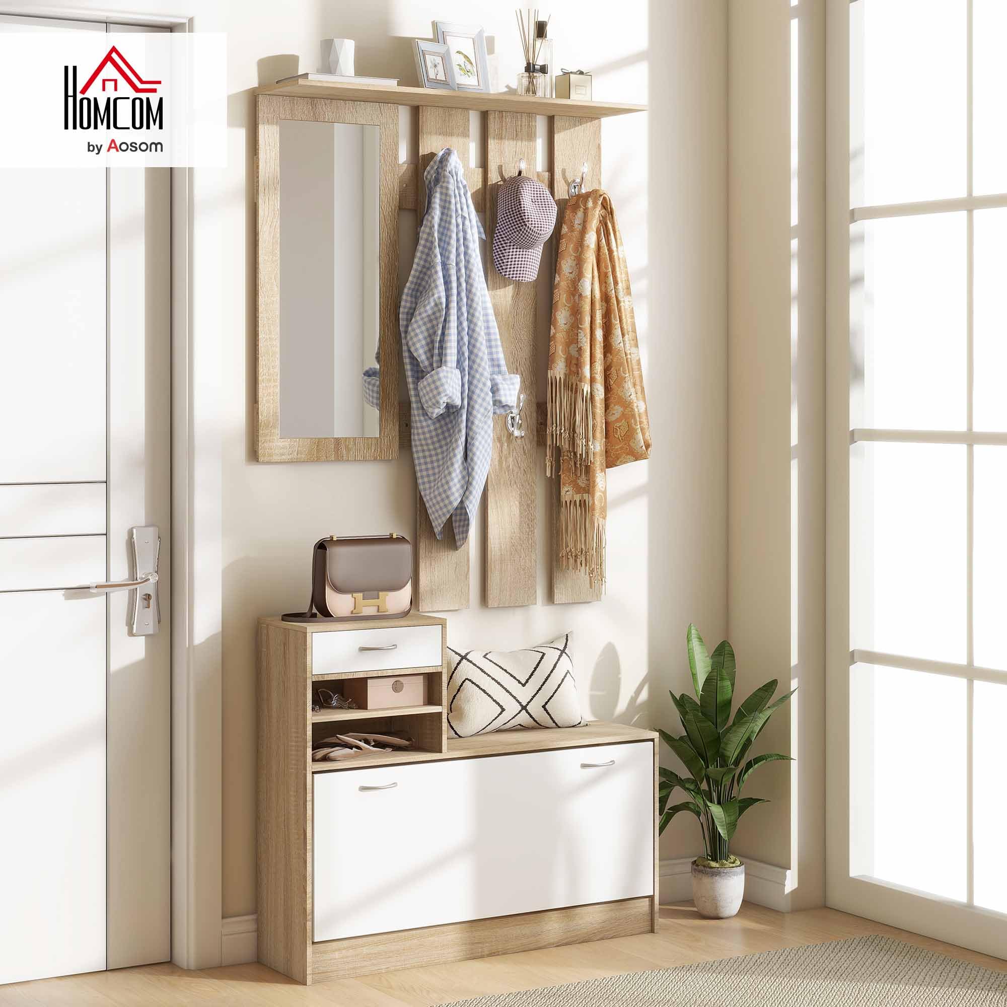 HOMCOM Recibidor de Entrada con Espejo Perchero y Zapatero Mueble de Recibidor de 2 Piezas con 6 Ganchos Estantes y Cajón Abatible para Pasillo Natural