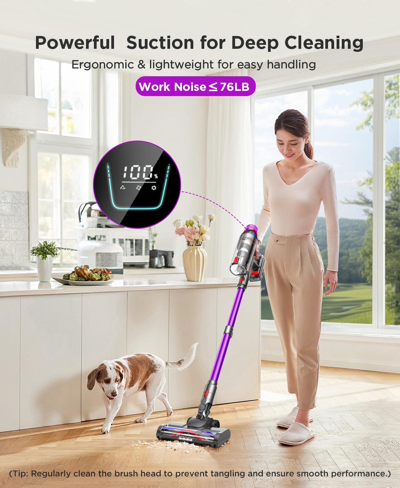 Cordless Stick Vacuum Cleaner: 550W Powerful Suction, LED Display, 55 Min Runtime, Anti-Tangle Brush, Rechargeable Battery, Lightweight for Home, Pet Hair, Hard Floors, Carpet — view 2