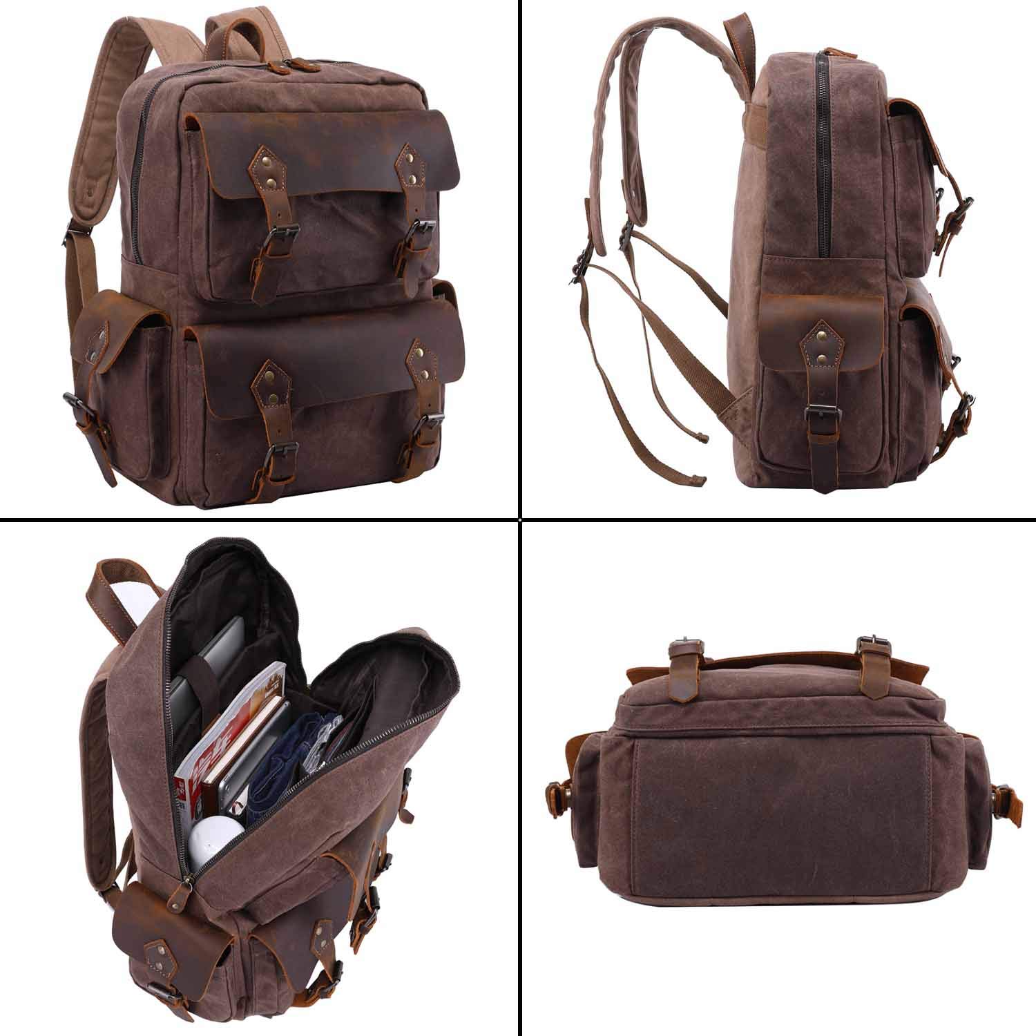 Neuleben Wasserdicht Canvas Leder Rucksack Herren Wanderrucksack Damen Schulrucksack Vintage 15.6 Zoll Laptop Rucksäcke Daypack für Wandern Schule Outdoor Alltag