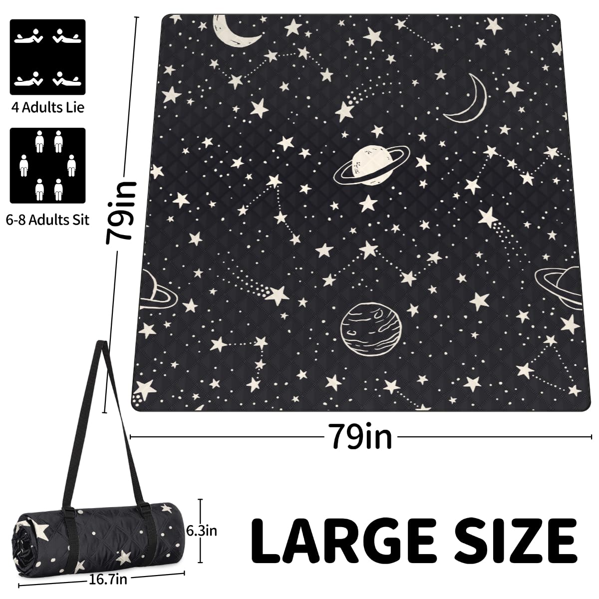Shimoshe Extra Large Picnic Blankets 79”x 79”, Starry Sky Galaxy Waterproof Foldable Picnic Mat with Straps Portable Beach Blanket for Camping Park Grass Beach Indoor
