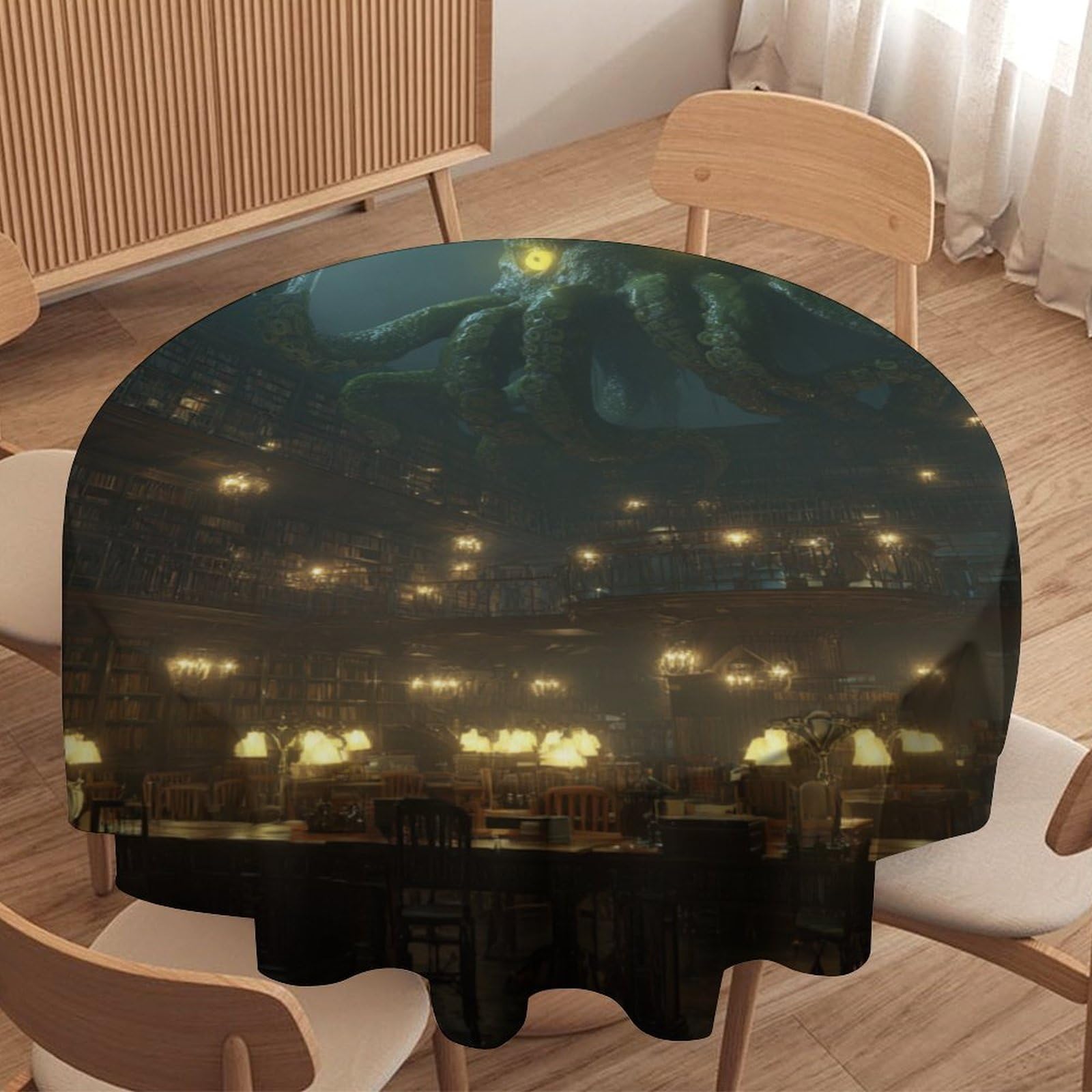 Luyysky Vintage Modern Sea Octopus Round Tablecloth Classic Retro Animal Octopus Library Bookshelves Washable Decor For Table Cover For Kitchen-127 Wx127 L Cm