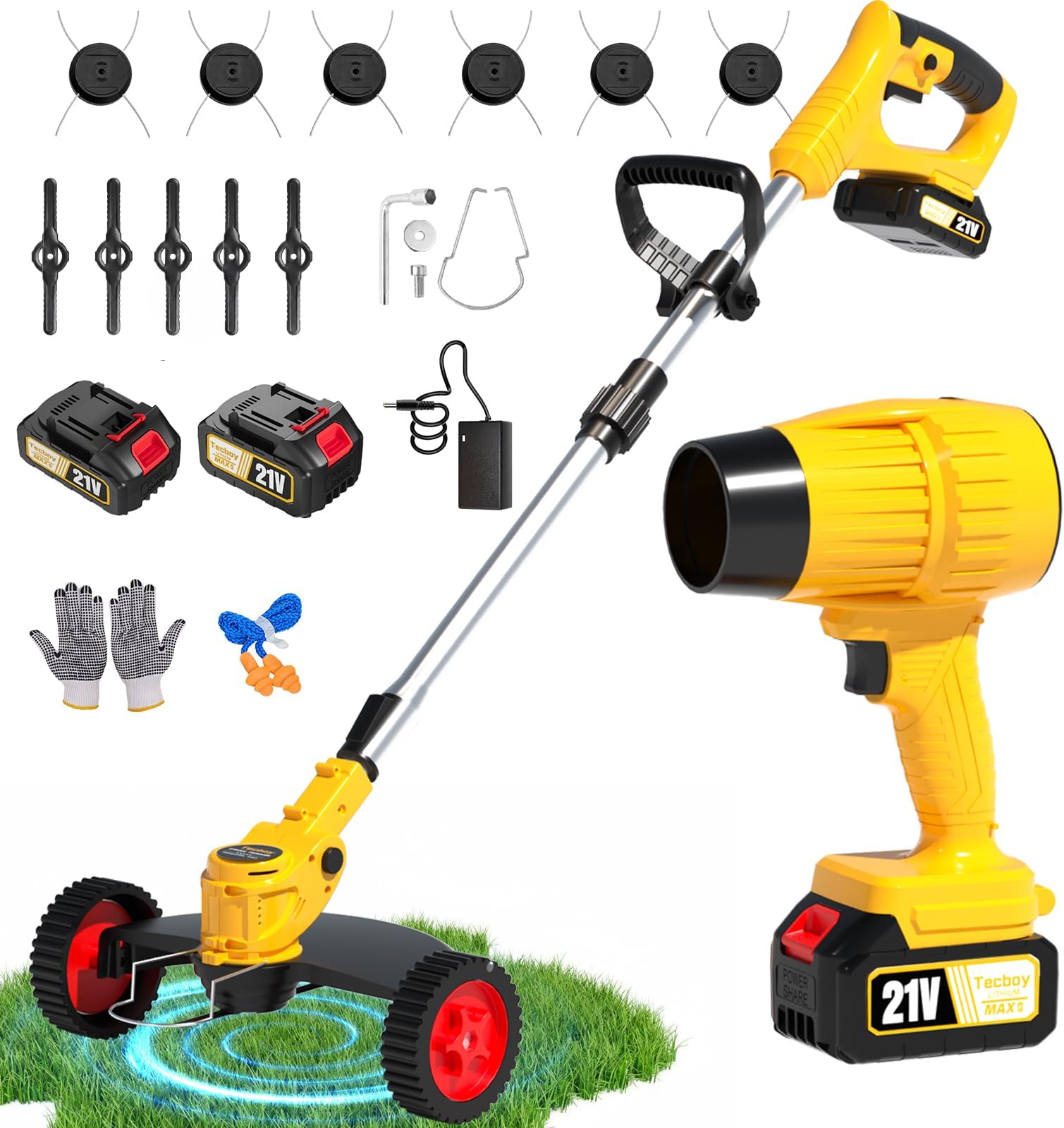 20V Cordless Weed Wacker and Leaf Blower Combo Kit with 2 Batteries, Electric String Trimmers with 11 Pcs Blades for Makita Battery, Grass Trimmer Lawn Mower Eater Brush Cutter Yard Garden Tool Yellow