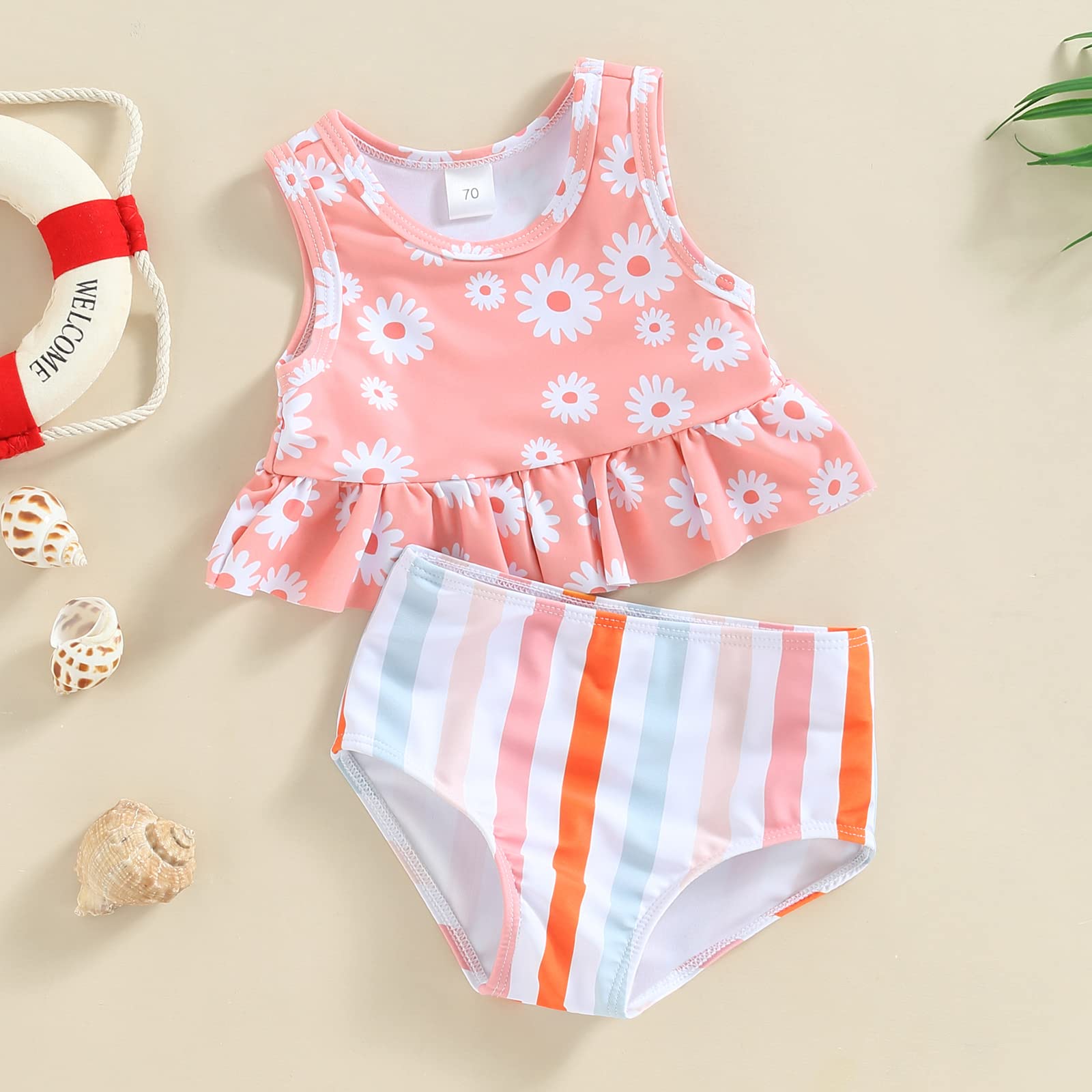 Baby Girl Swimsuit Sleeveless Flower Print Bowknot Crop Top Shorts Ruffle Hat Bikini Summer Swimwear 3Pcs (Pink, 6-12 Months)