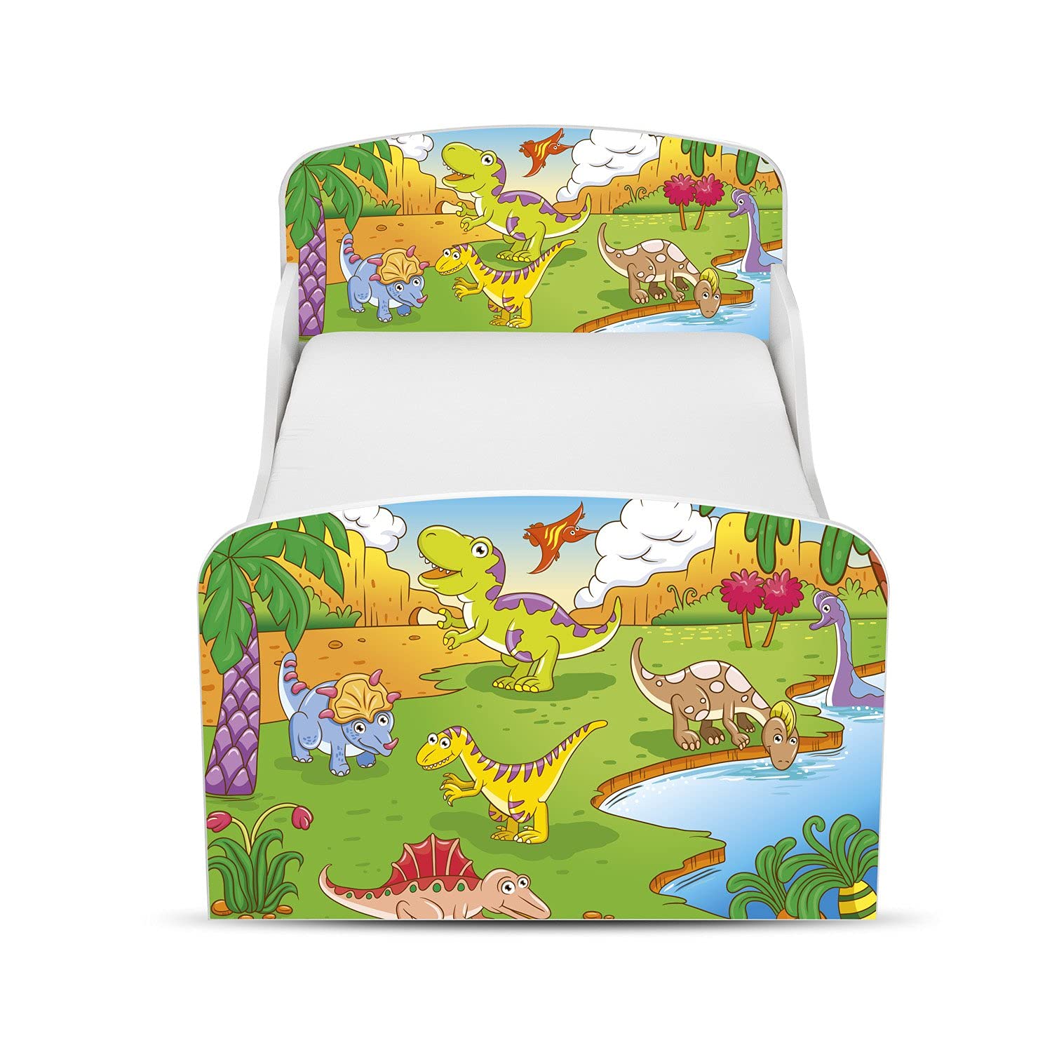 leomark Cama Infantil Completa de Madera - Dino - Marco de Cama, Colchón y Cajón, Somier, Blanco Muebles para Niños, Moderno Dormitorio, Espacio para Dormir: 140/70