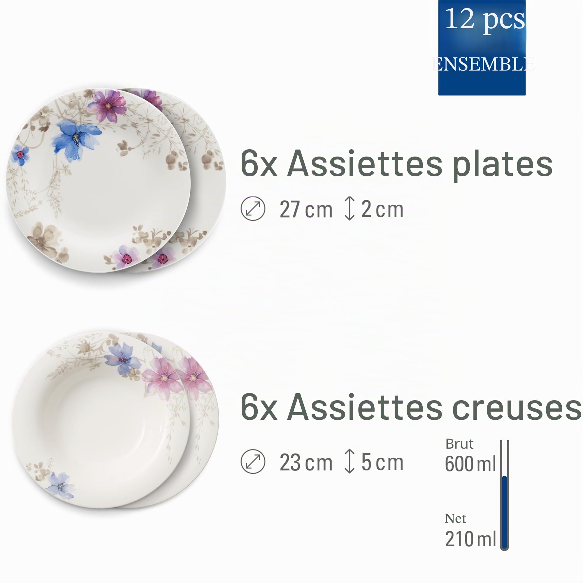 Villeroy & Boch - Mariefleur Gris Service de Table 12 Pièces Multicolore, Garanti Lave-Vaisselle, Compatible Micro-Ondes, Set de Dîner, Assiettes, Ensemble de Vaisselle, Porcelaine Haut de Gamme
