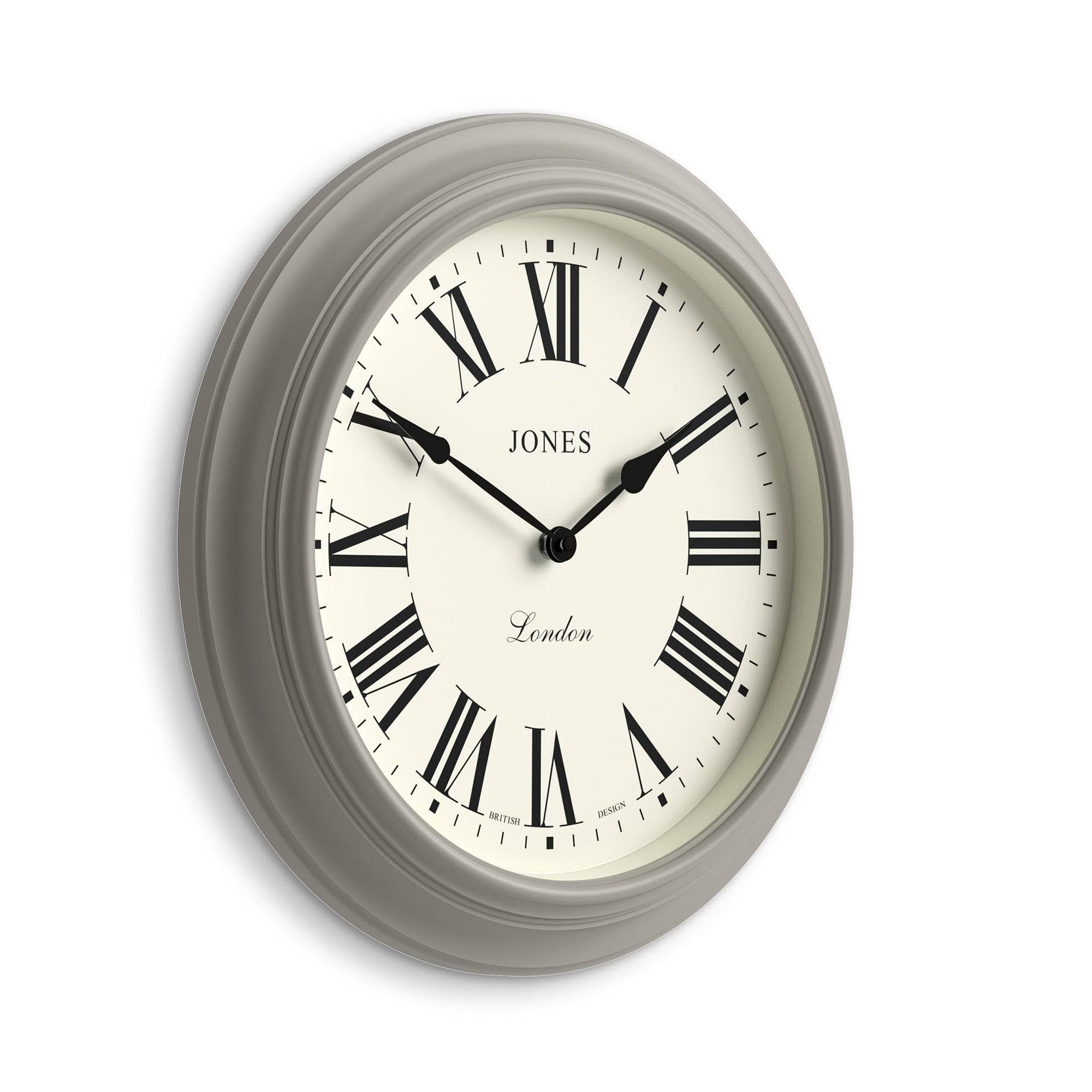 Jones Clocks Pepper Grey Jones Clocks® Supper Club Wall Clock | Large Classic Round Clock | 40Cm | Mid Grey | Roman Numerals | Traditional Design Ideal For Kitchen Or Living Room