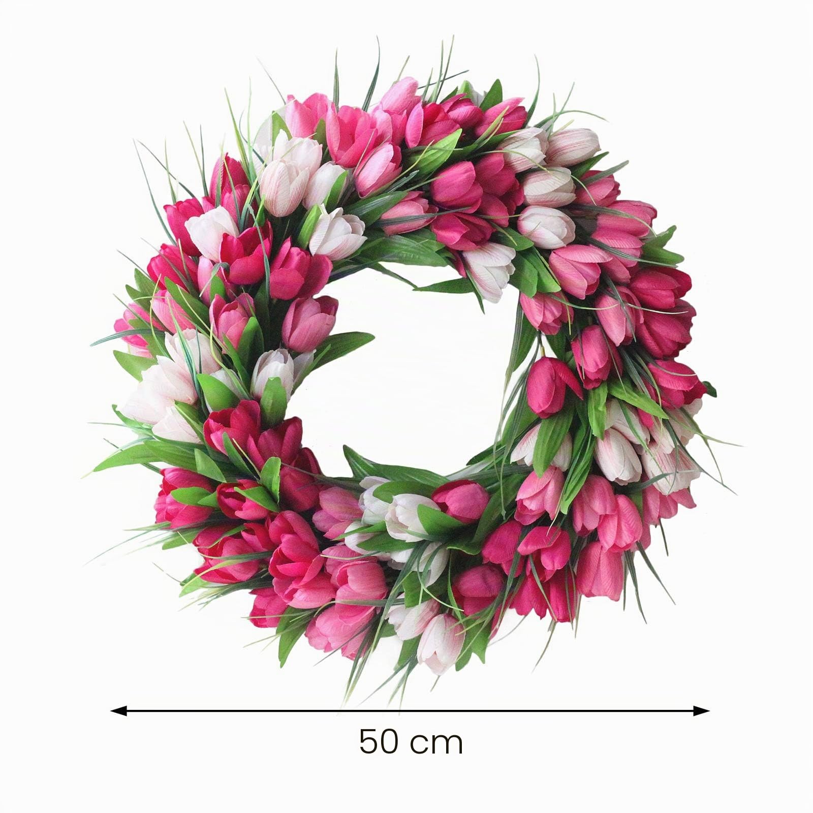 Künstlicher Tulpenblumenkranz 50 cm Frühlingskränze für Haustür Rosa Weiße Tulpen Haustürkranz Frühling Sommer Seidenblumenkranz mit grünen Blättern Dekor