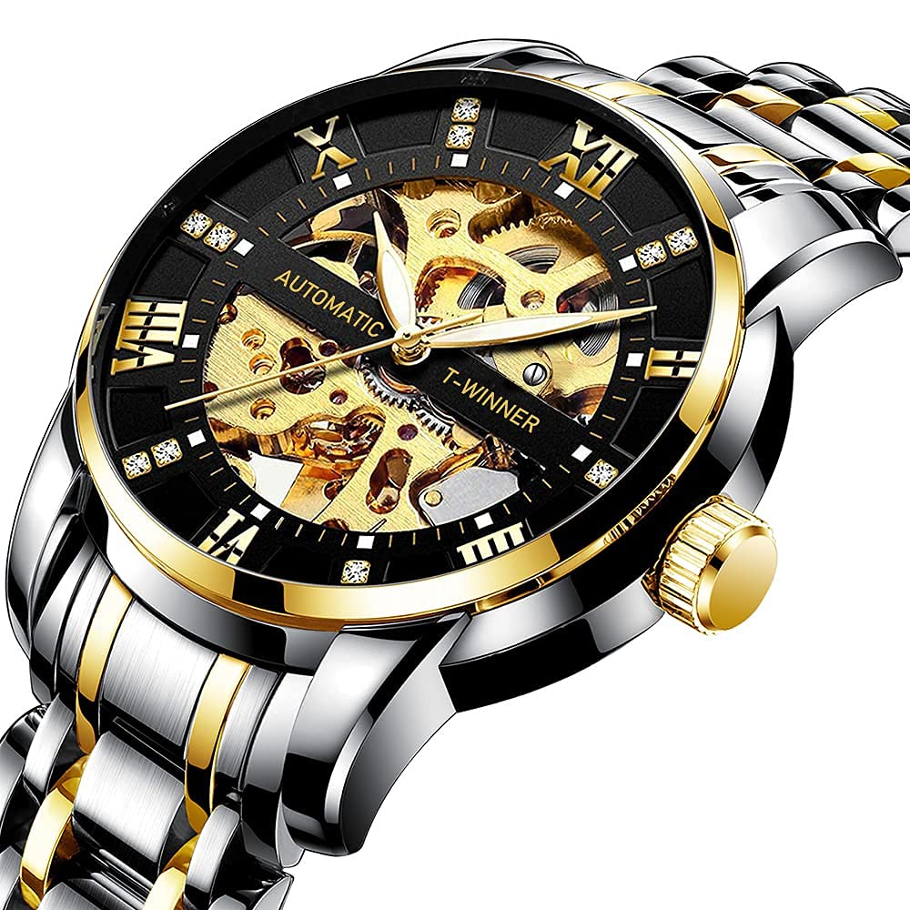 Tiong Wacthes - Orologio da polso da uomo, in acciaio inox, impermeabile, con movimento a scheletro, impermeabile fino a 30 m