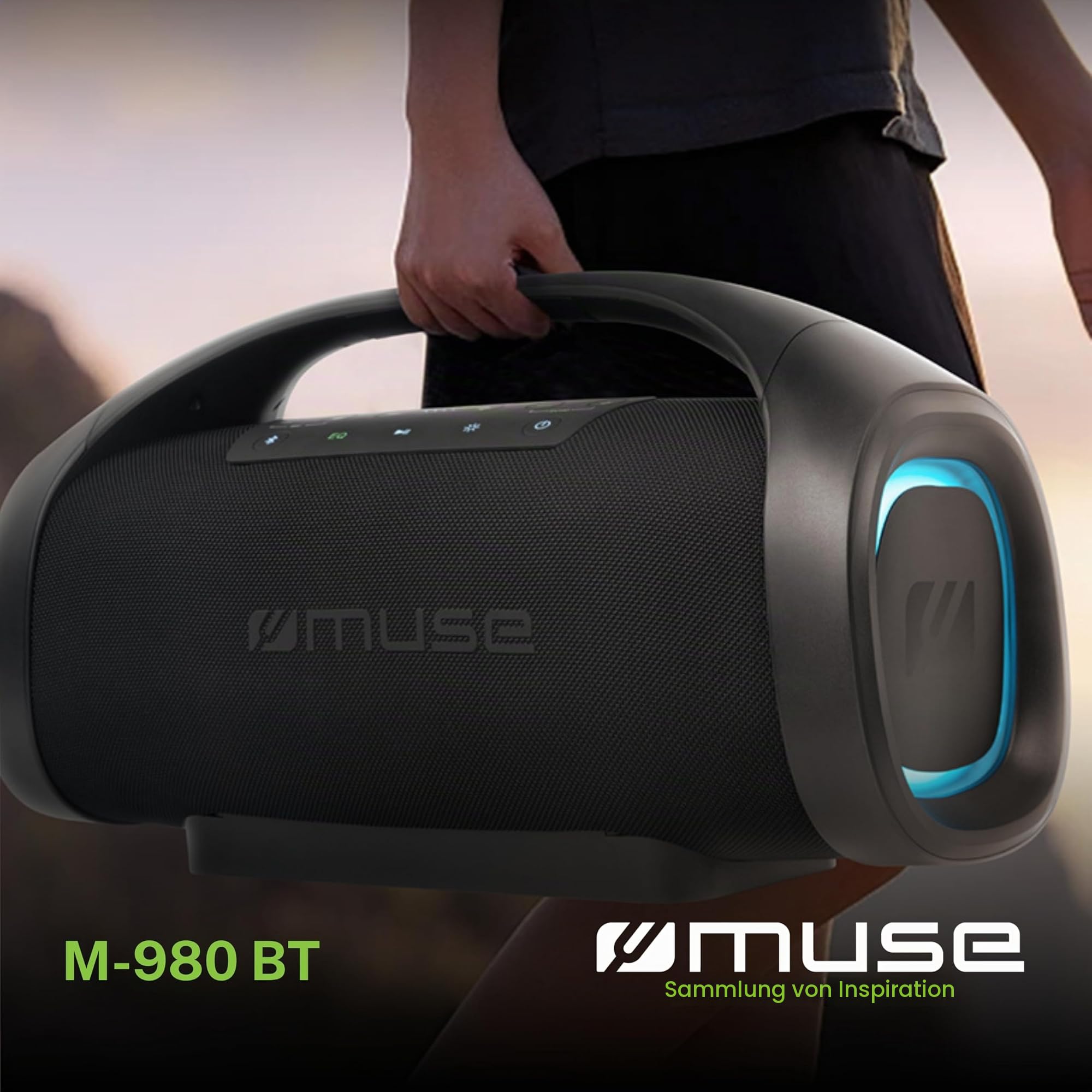 MUSE 300 Watt Schwarz tragbarer Bluetooth Lautsprecher, Splash-Proof, mit farbwechselnden LED-Lichtern, Wireless und Stereo Pairing, ideal für Outdoor, Wassergeschützt (IPX6)