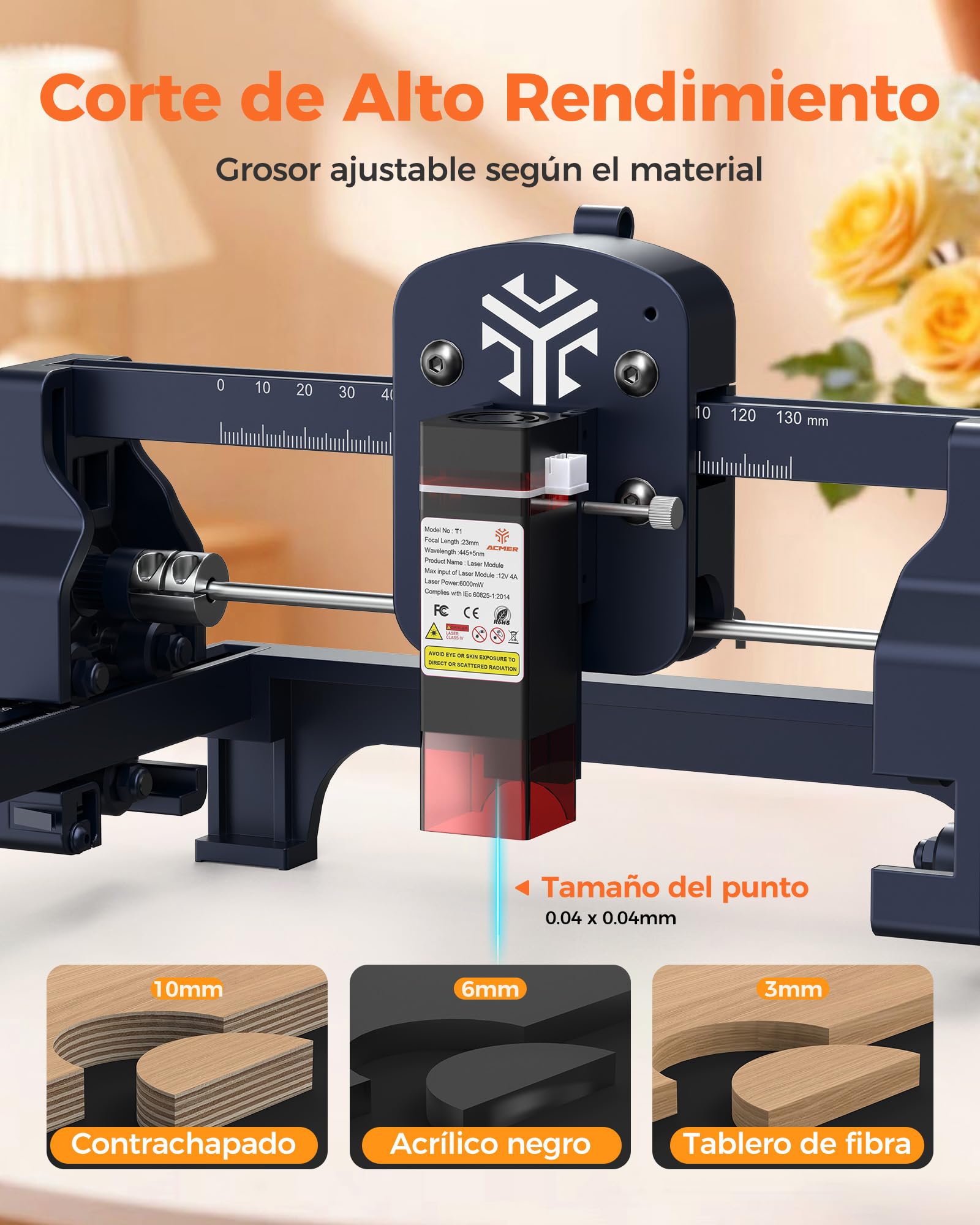 Grabadora Laser Acmer T1 6W Grabador Láser,Maquina Laser De Potencia De Salida 48W, 130x130mm,10000mm/Min, Grabador LáSer Metal De Madera, Cuero, Vidrio, AcríLico, Metales Blandos No Requiere Montaje