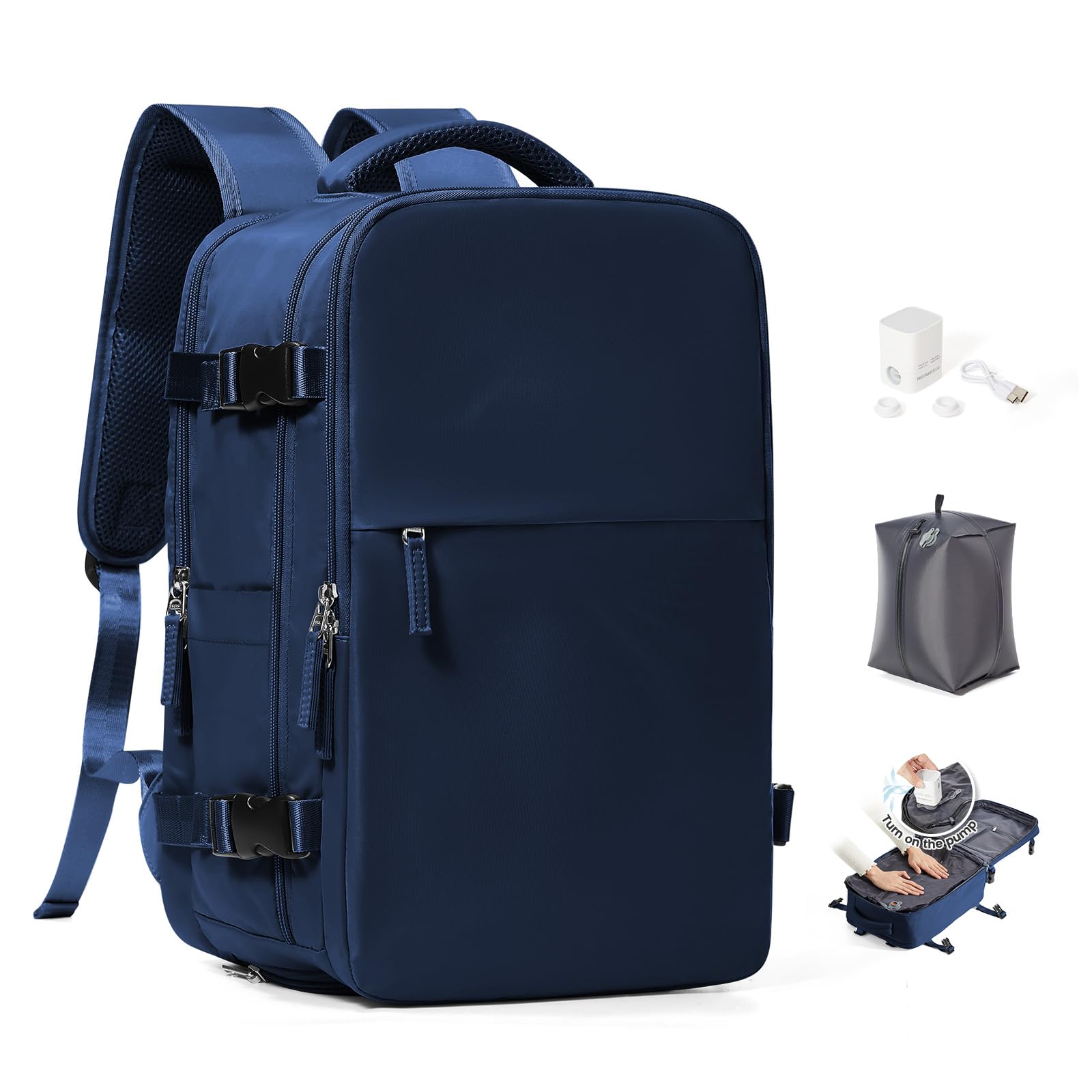 SEAFEW Zaino Sottovuoto Viaggio con Pompa Bagaglio a Mano Ryanair 40x30x20 | Borsa da Cabina per Ryanair 40x30x20 Zaino da Viaggio con sottovuoto Lavoro e Scuola Trekking Casual per laptop 14",Blureale