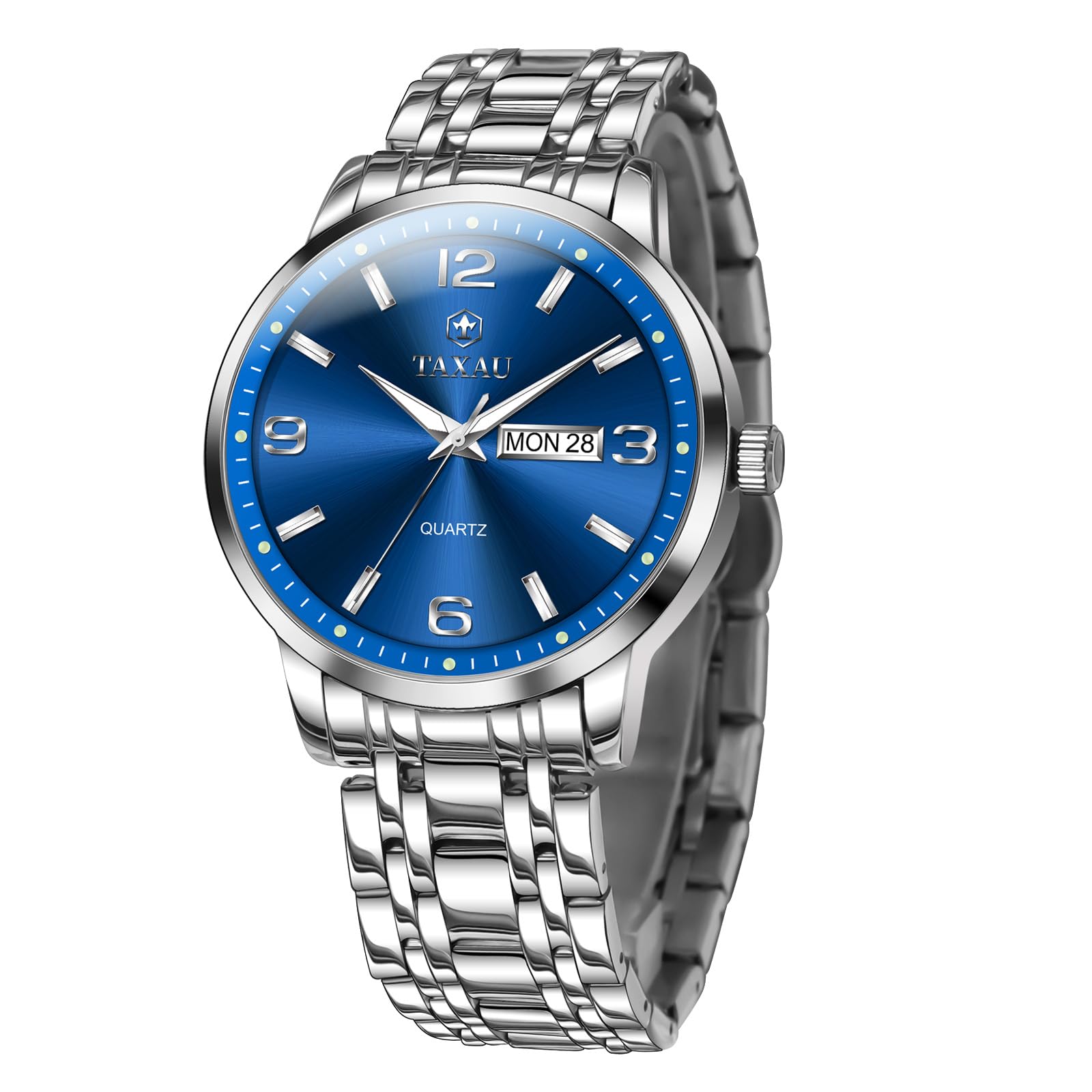 Taxau Silver Blue Stainless Steel Band Watches for Men with Day Date Watch Quartz Arabic Numerals Analog Classic Waterproof Relojes para Hombres Adjustable