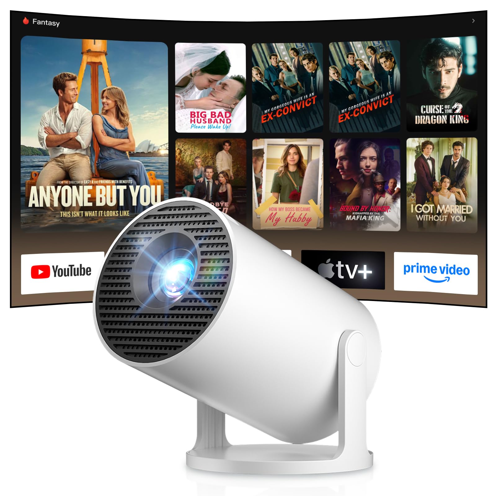 Screenshot of the Salange 2026 Mini Projector displaying the Android TV 14.0 interface with various streaming apps like YouTube, Prime Video, and Hulu.