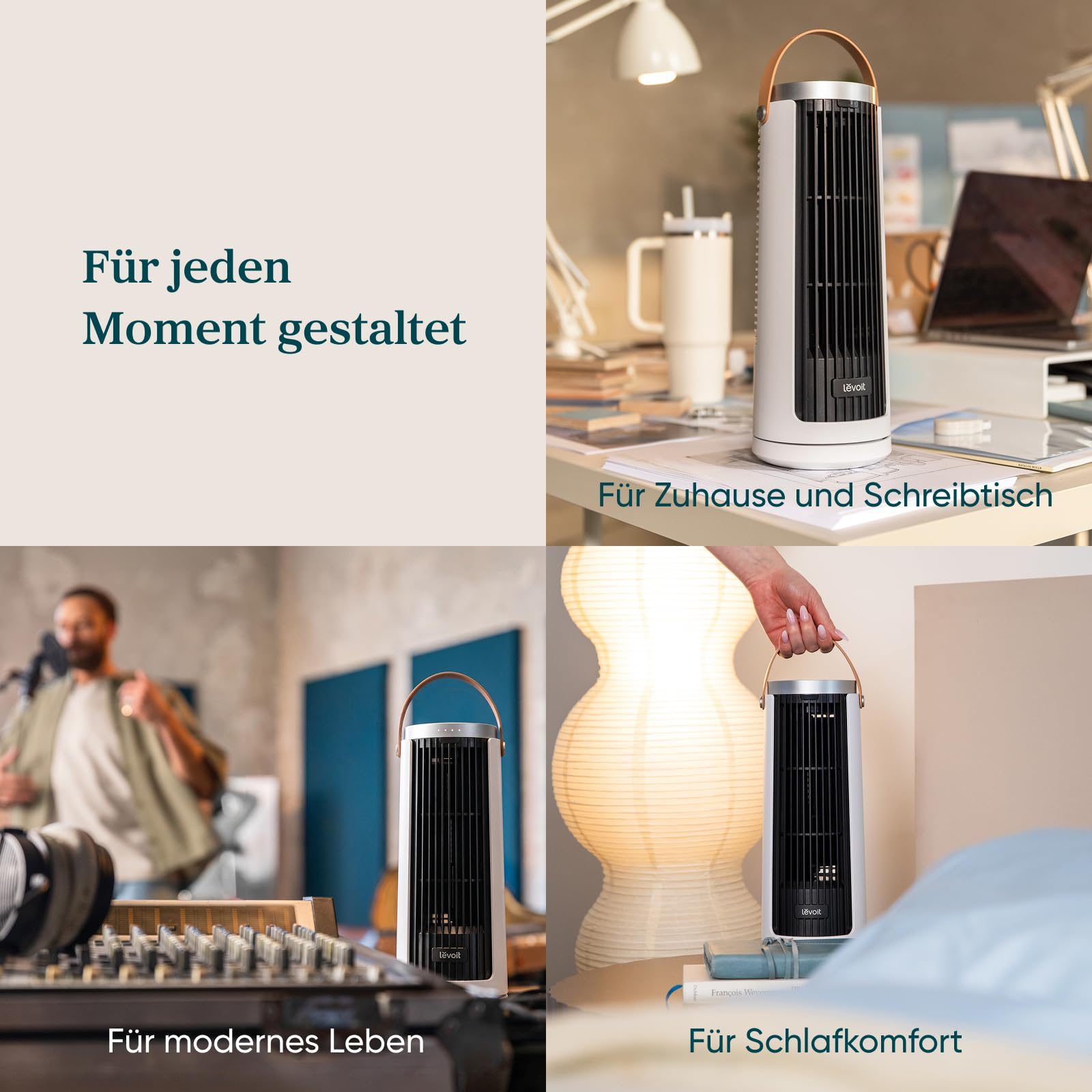 Levoit Kompakt Turmventilator DC Motor leise 20dB 7m/s Kühlung Tischventilator 5 Stufen 90° Oszillation 12 Std Timer Fernbedienung Mondweiß 33 cm