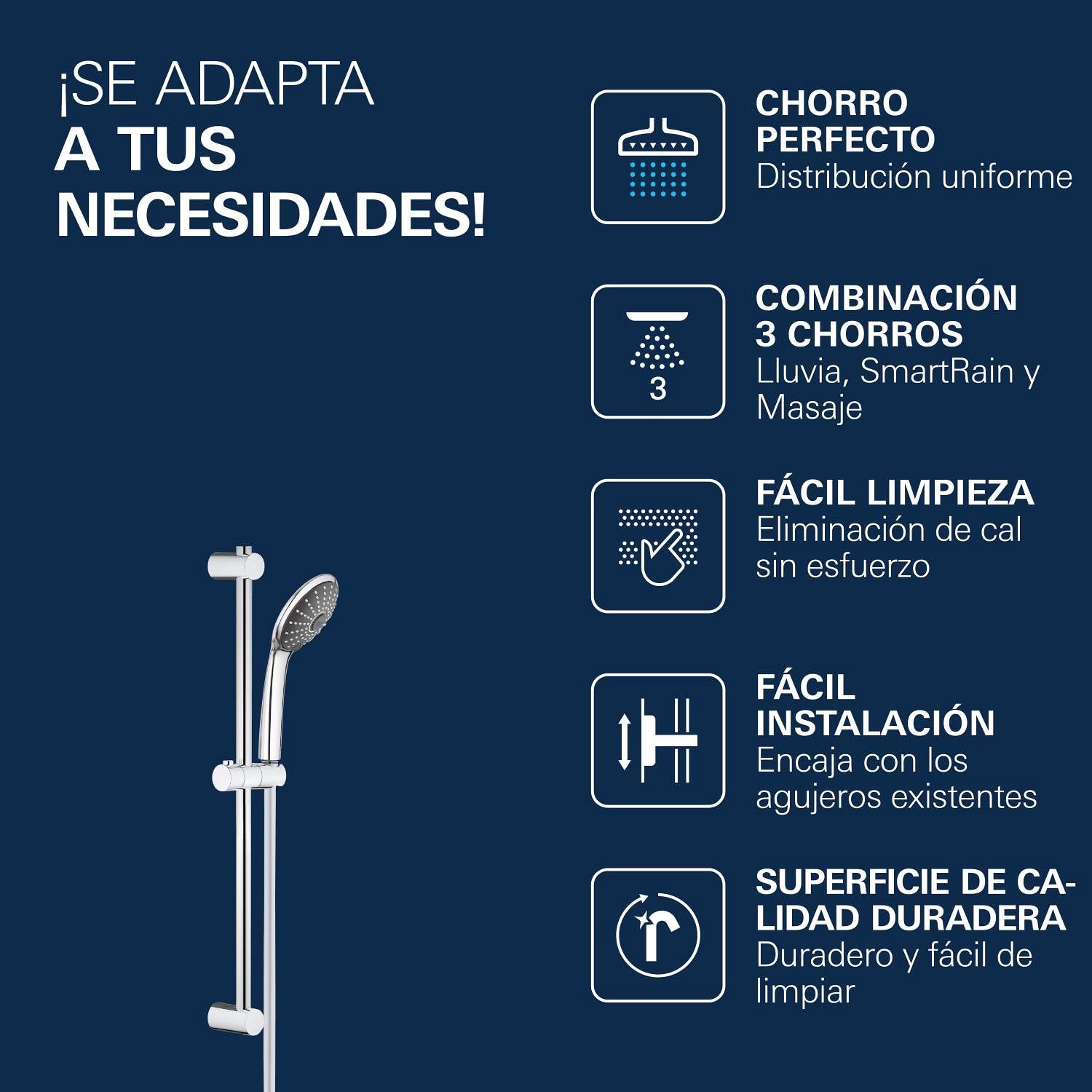 GROHE Vitalio Joy 110- Conjunto de ducha (teleducha 11 cm con 3 chorros, barra ducha 62 cm, soportes de pared metal, flexo 1,75 m, menor consumo agua, instalación QuickGlue), cromo, 27333000