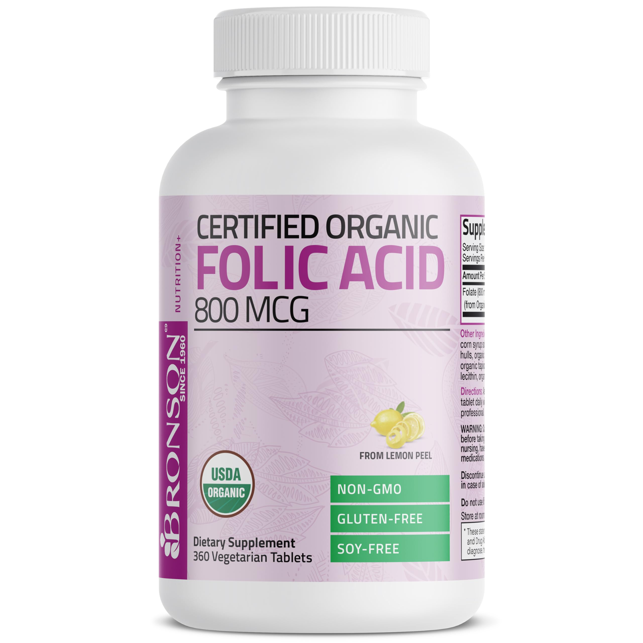 Bronson Folic Acid 800 mcg, USDA Certified Organic, 360 Tablets — Amazon image 3