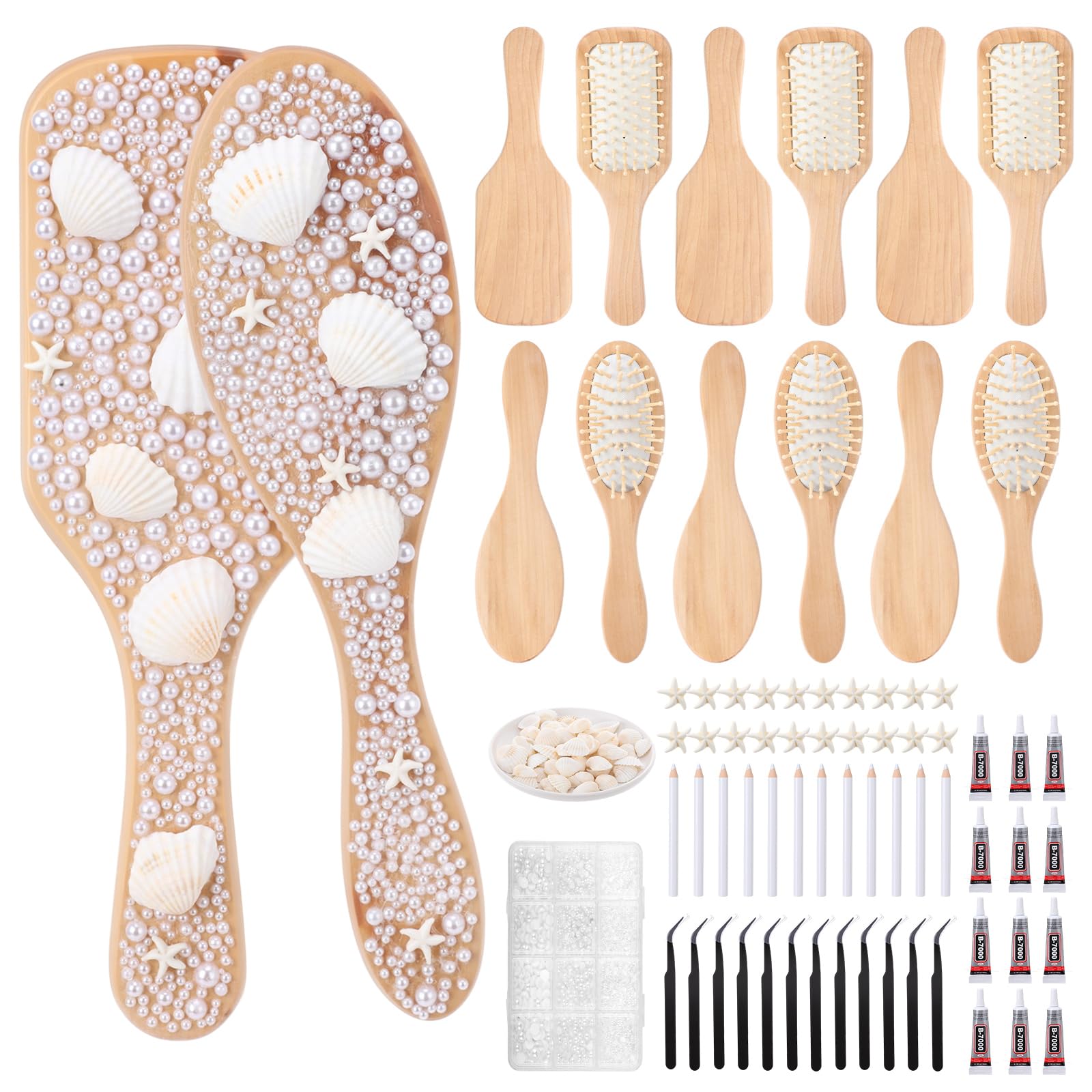 Meanplan Juego de 12 cepillos de madera para el pelo – Cepillo de bambú para hacer tu propio juego con perla, concha, estrella de mar y encaje para niñas, fiesta nocturna, boda, cumpleaños, actividad