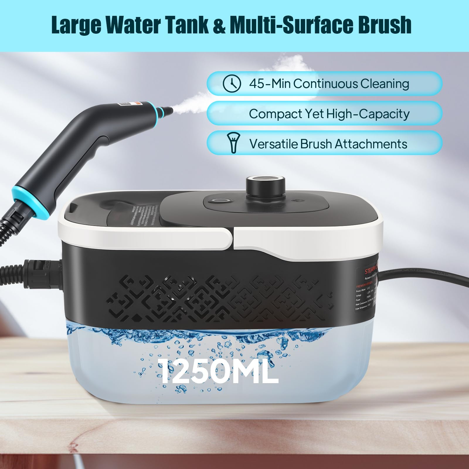 Pulitore a vapore manuale da 2500 W, 4,5 bar ad alta pressione e 15 s, serbatoio dell'acqua da 1250 ml, 9 accessori per cucina (piano cottura in ceramica), auto, pavimento, finestra, barbecue