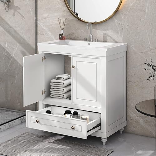 Juego combinado de tocador y fregadero de baño de 30 pulgadas moderno juego de tocador de baño independiente con dos puertas y cajones color blanco