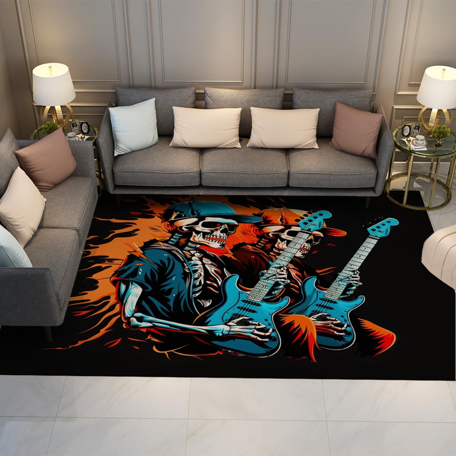 Tappeto Hip Hop Skull 120x210cm - Tappeti per amanti della musica con supporto in gomma Tappeto lavabile Fashion Street Art per Soggiorno Tavolo da tè Café
