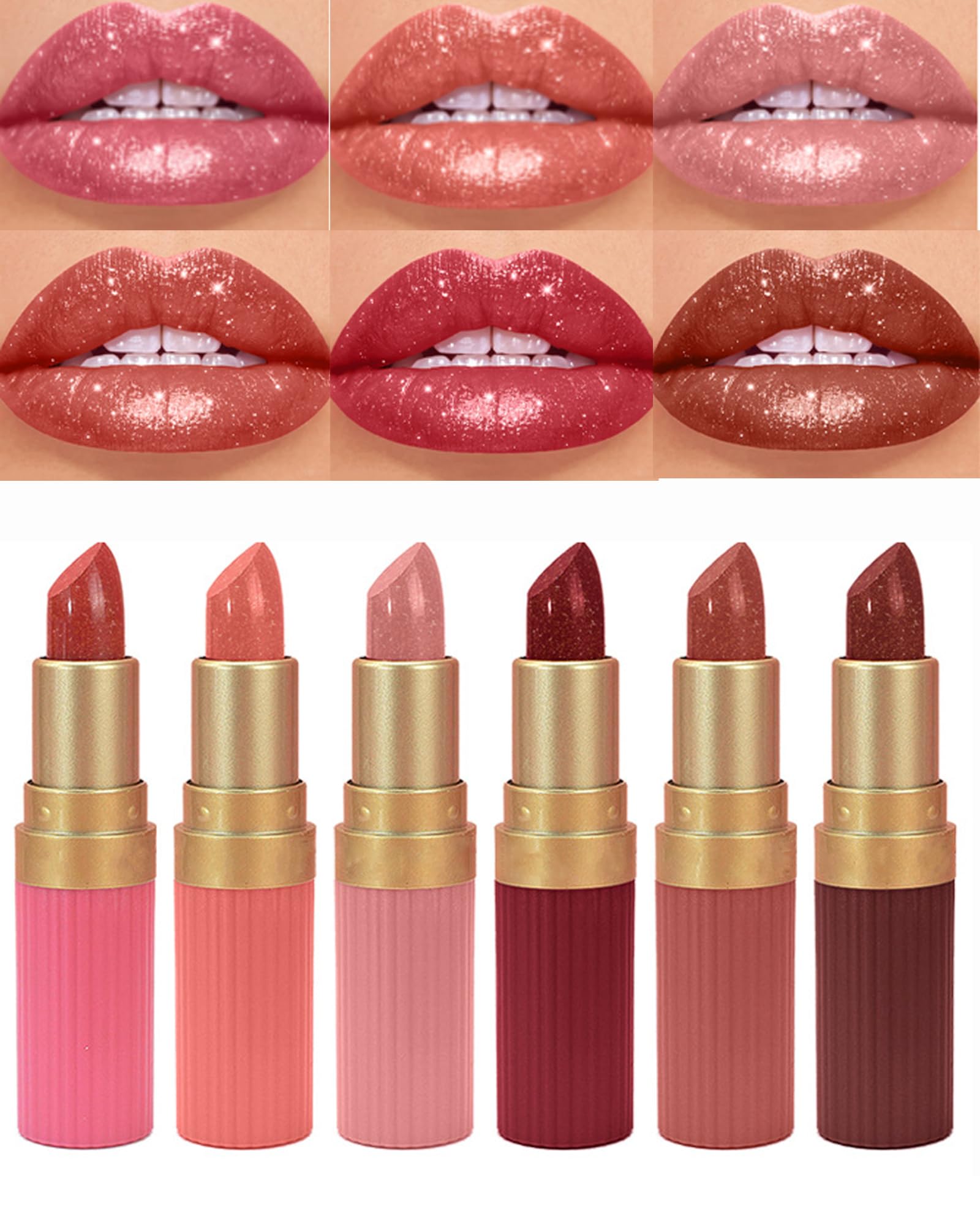 Set mit 6 Lippenstiften mit glänzendem Glitter in Nude, Rosa, Braun, Dunkelrosa und Rot. Glänzender Metallic-Lipgloss, wasserfest und langanhaltend. Ein perfektes Geschenk für Lu