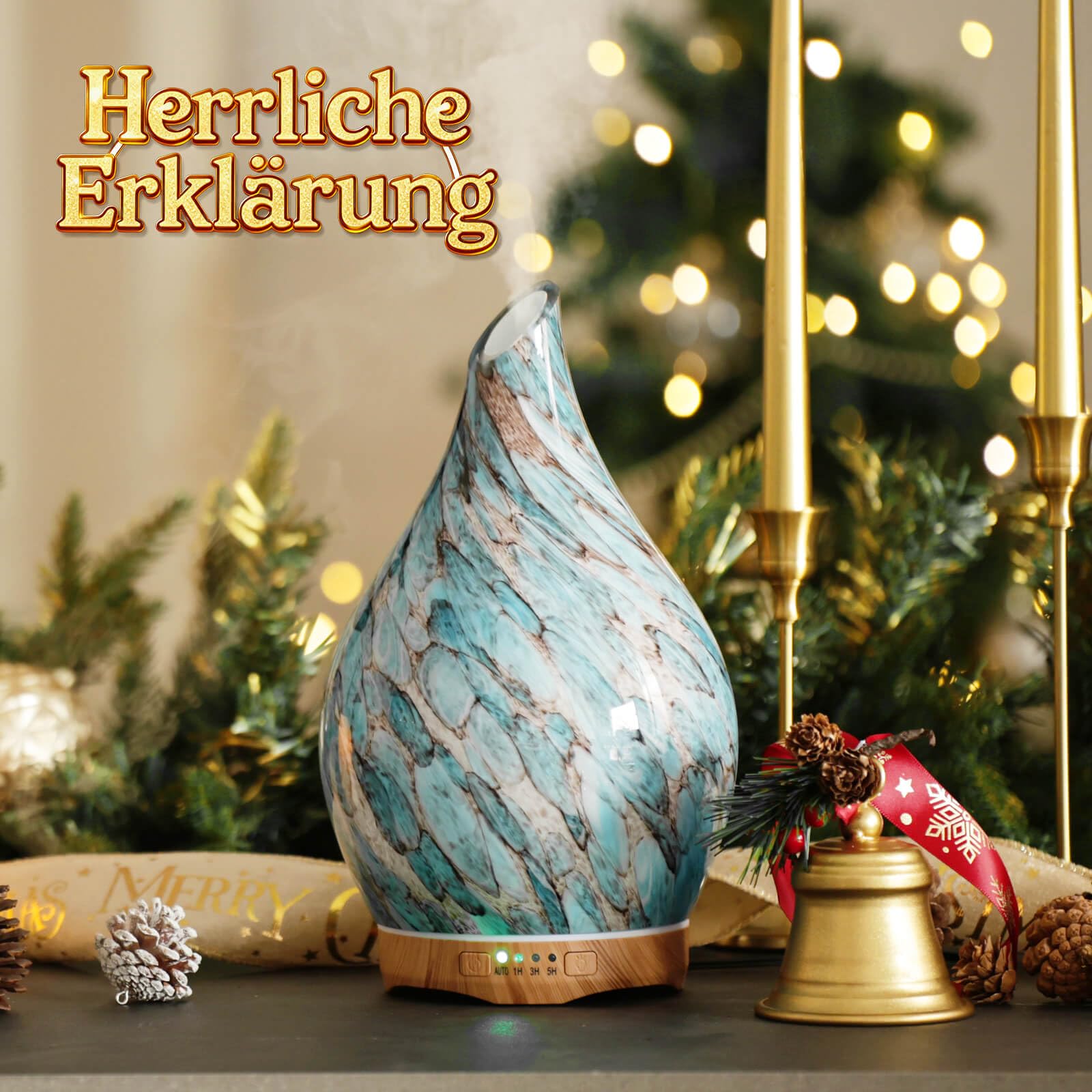 Porseme Aroma Diffuser 280ml, Handgeblasen Glas Luftbefeuchter, Ultraschall Aromatherapie Öle Diffusor mit 7 farbigem LED Licht, Diffusor für Ätherische Öle mit Fernbedienung für Wohnung (Blue)