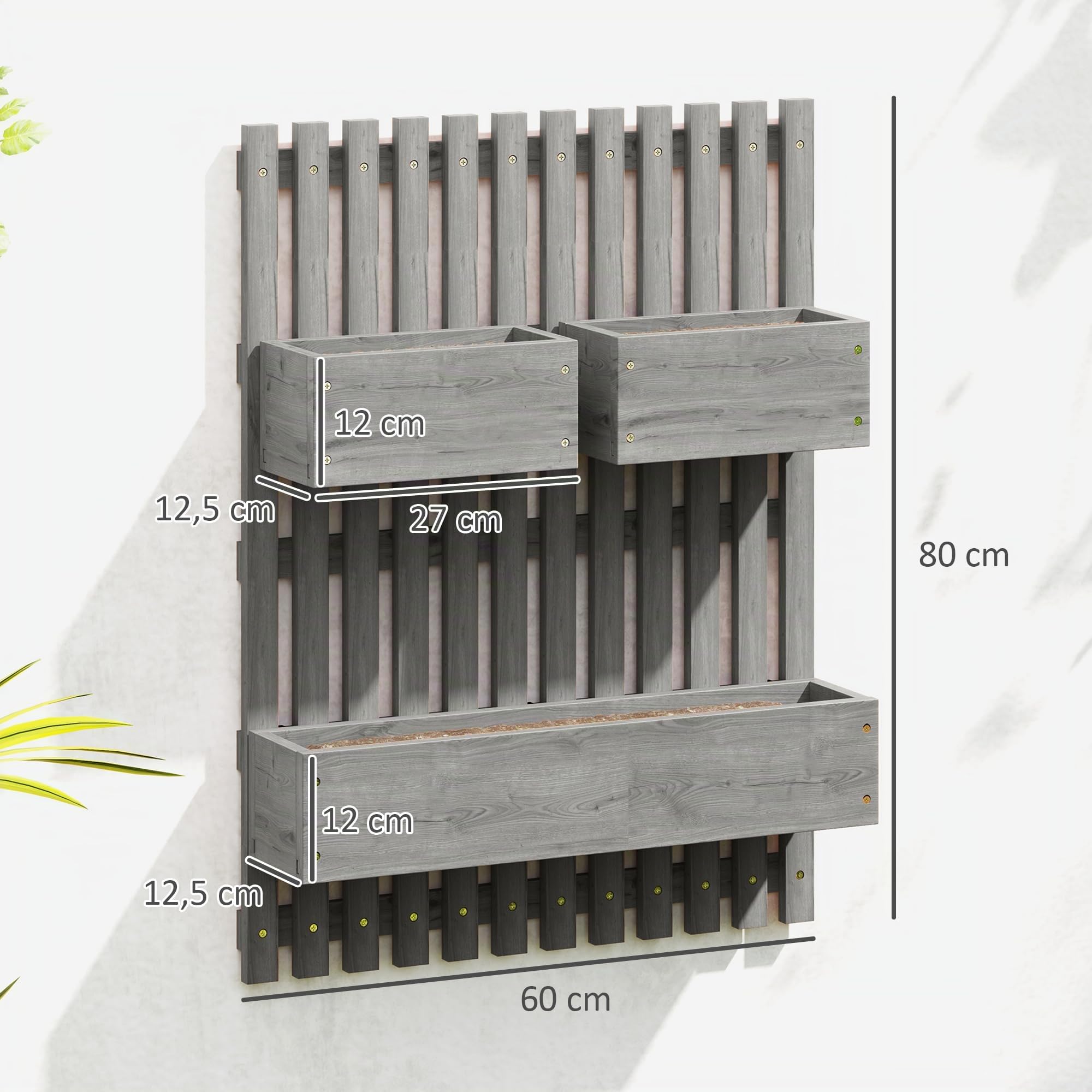 Outsunny Fioriere da giardino in legno da parete con traliccio, Grigio | Fori di drenaggio, 3 fioriere mobili, letto rialzato da parete per patio esterno