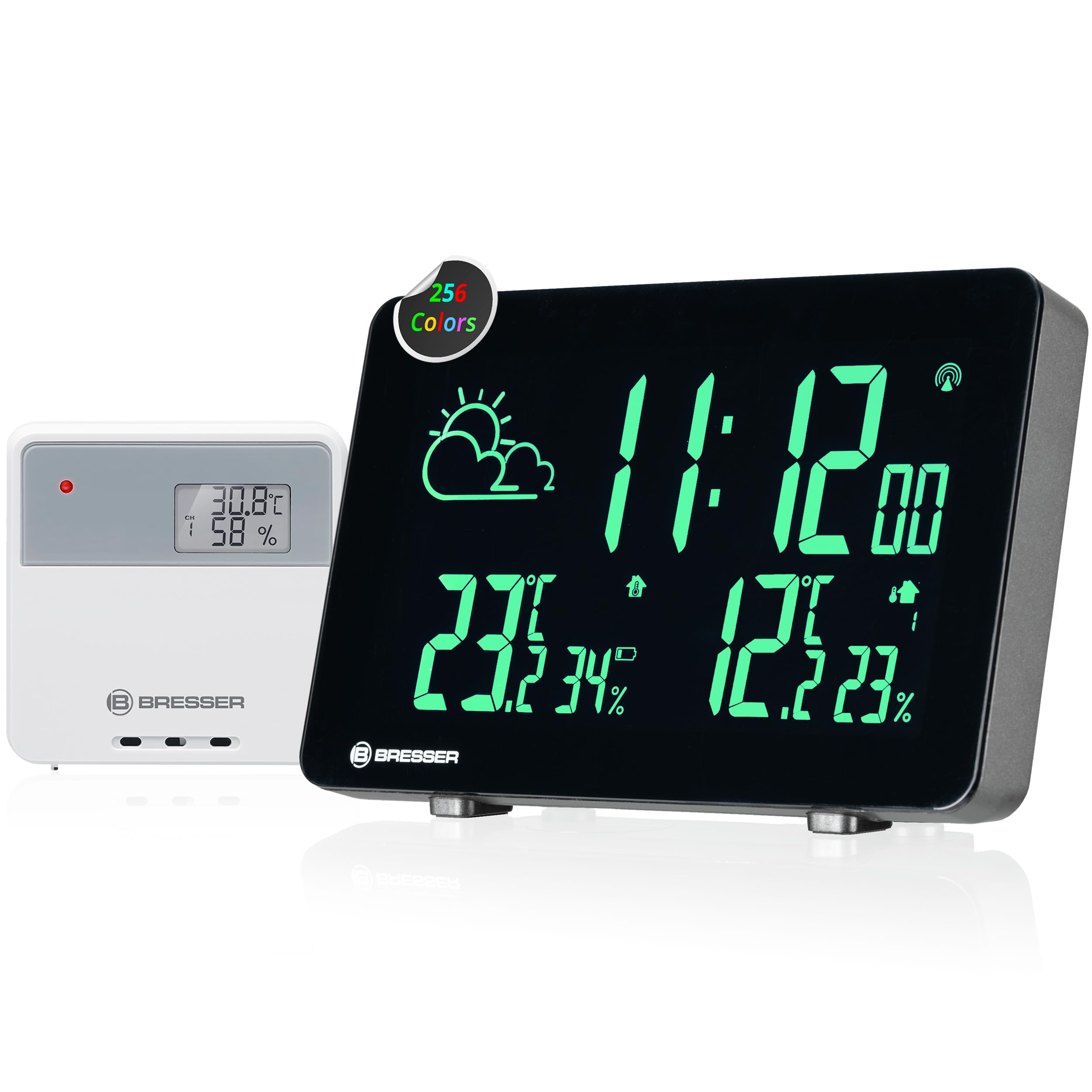 Bresser Funkwetterstation mit Farbwechsel, 256 Displayfarben, Wettervorhersage, Thermo-Hygrosensor, Frostwarnung, DCF-Uhrzeit, für Zuhause und Büro