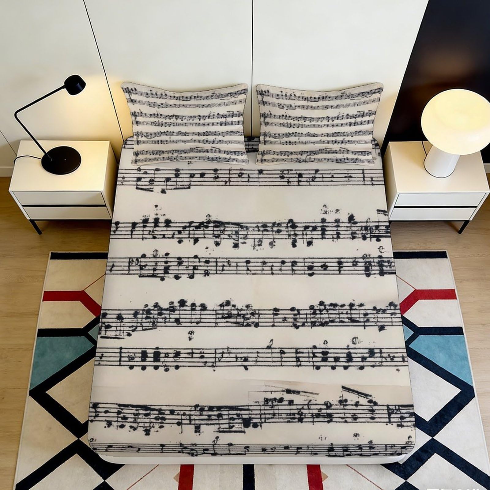 3D Printed Music Notes Fitted Sheet Microfiber Soft Bed Cover Staff Pattern Mattress Cover for Bedroom Guest Room Decor 90x200x25cm