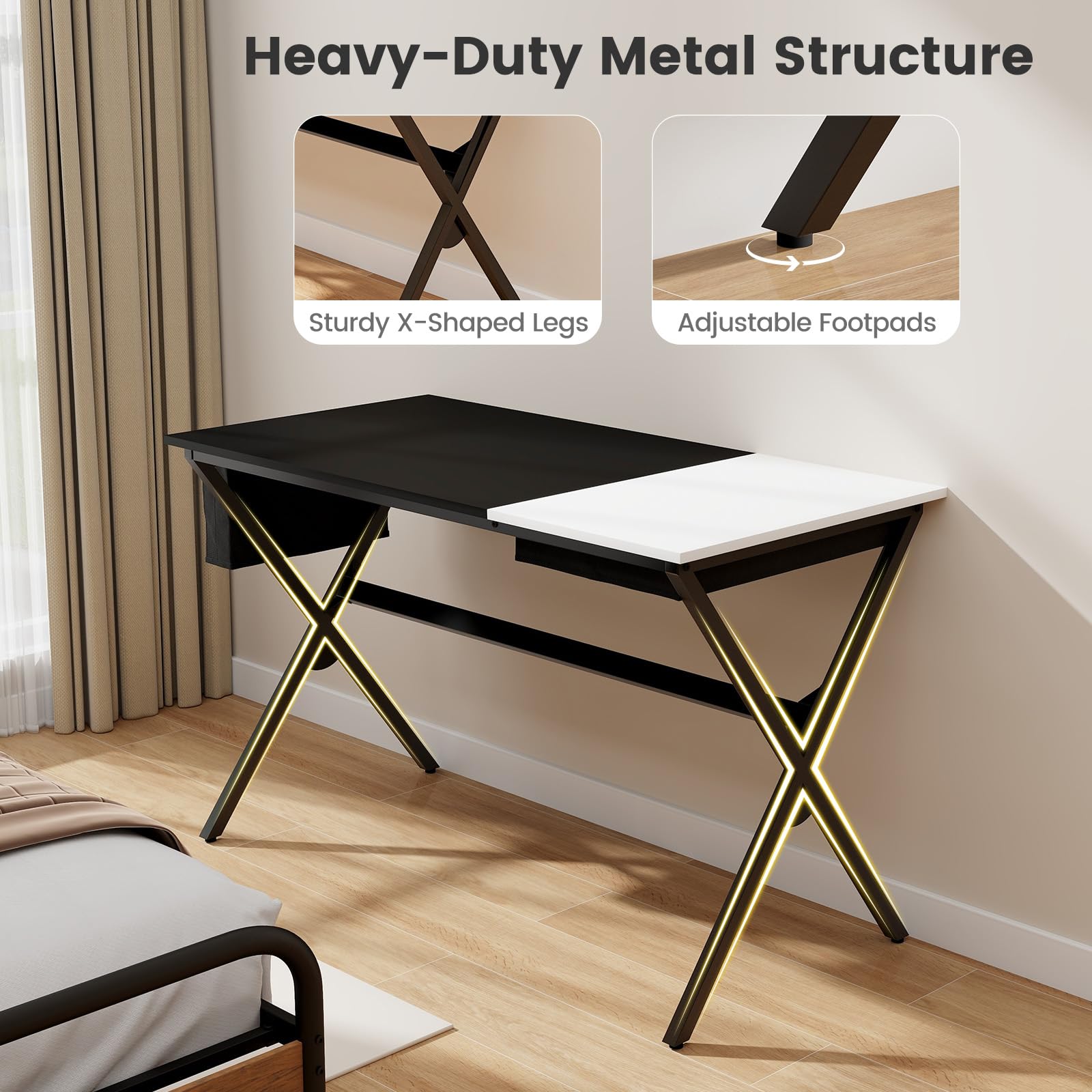 GIANTEX Bureau d’Ordinateur avec Rangement Rabattable, Table d’Écriture avec Sac de Rangement Latéral, Bureau Postes de Travail en Cadre Métallique, Style Simple & Moderne, pour Chambre, Bureau