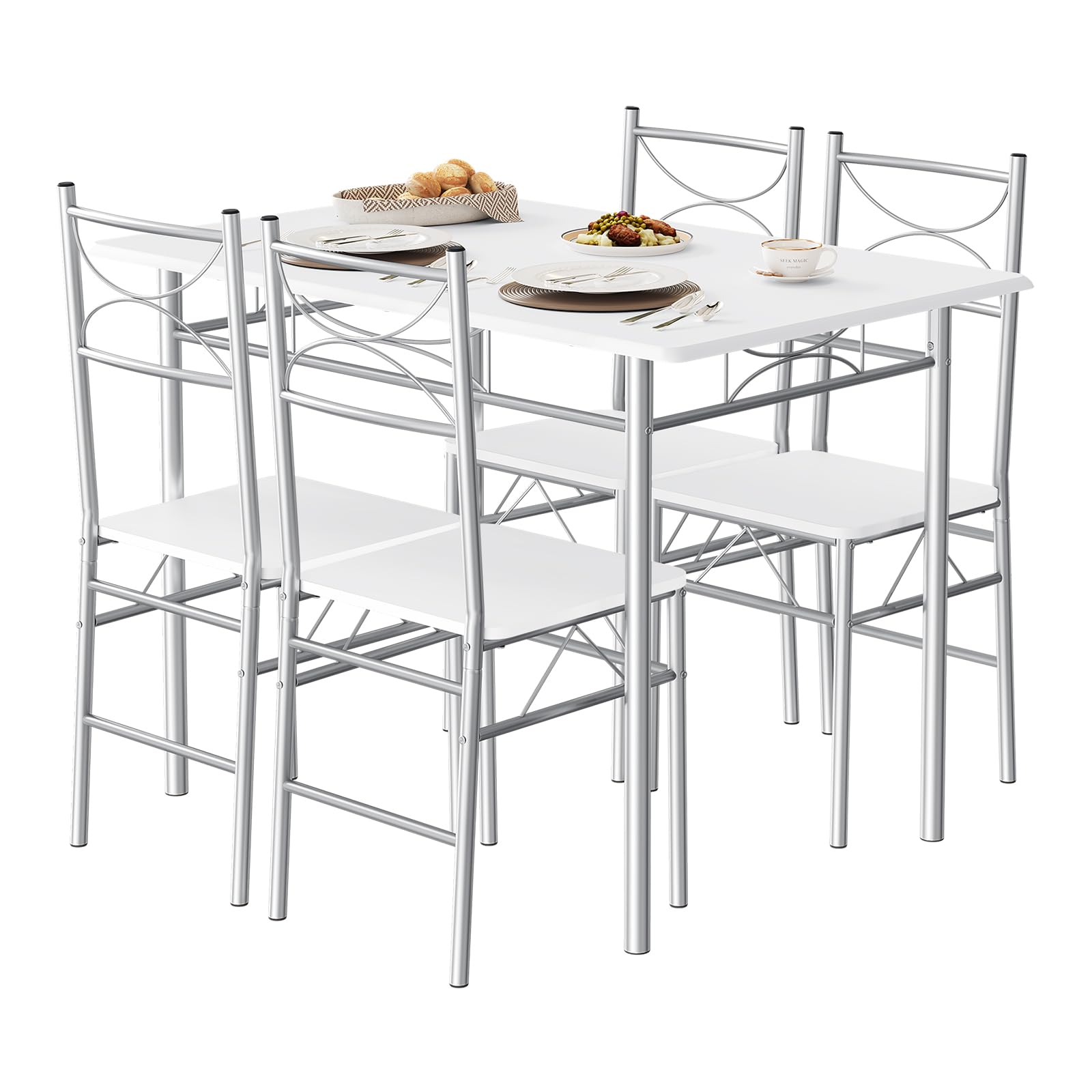 WOLTU Mesa y Sillas Comedor para 4 Personas, Mesa Cocina de Madera, Juego de Muebles de Comedor, Madera MDF y Metal, Blanco + Plata