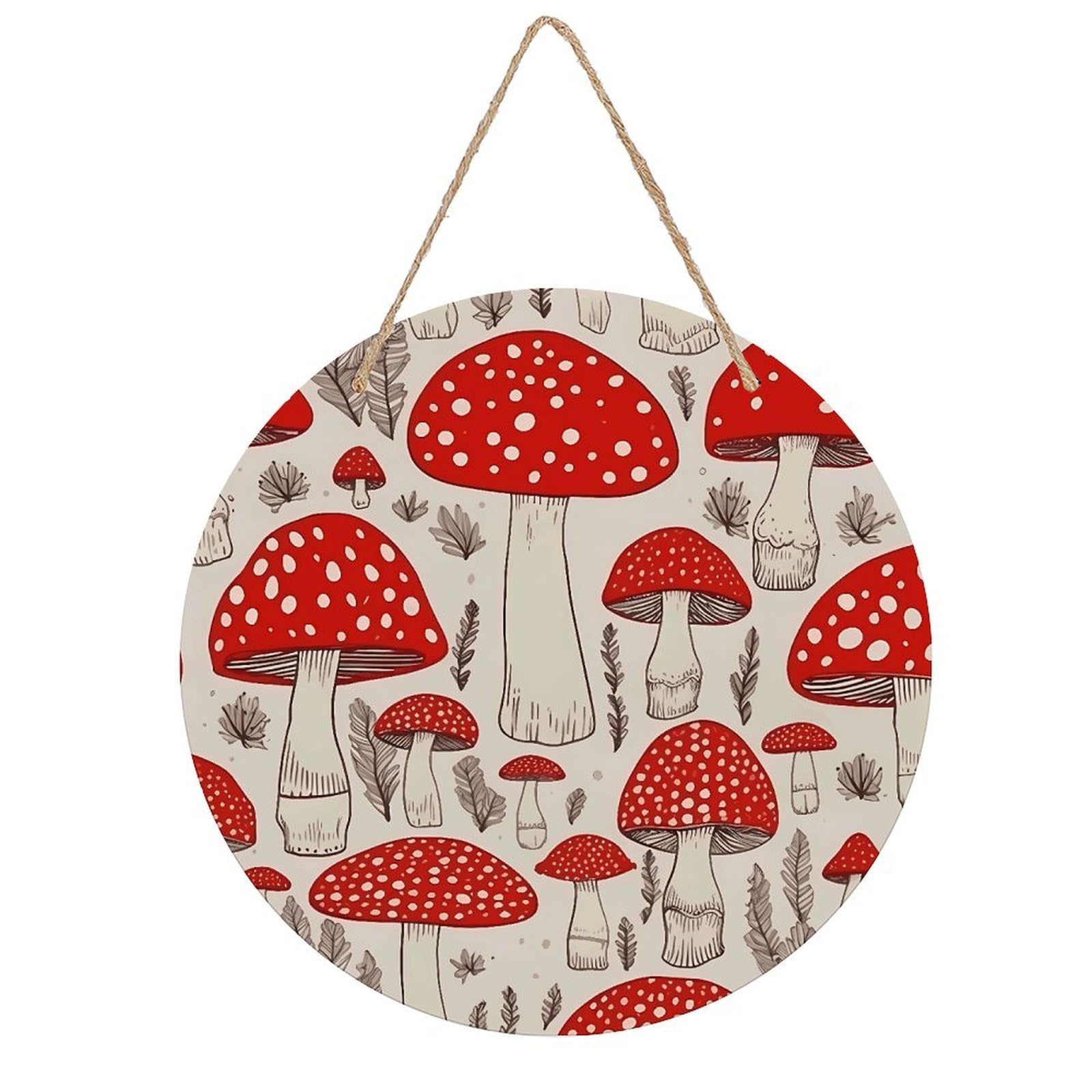 VstaDank Red White Mushroom Wall Art Decor with Ropes Wooden Hanging Sign Hanging Wall Decor Artwork Round Wood Painting Modern Wall Prints Decor Picture for Office Bar Home Decors