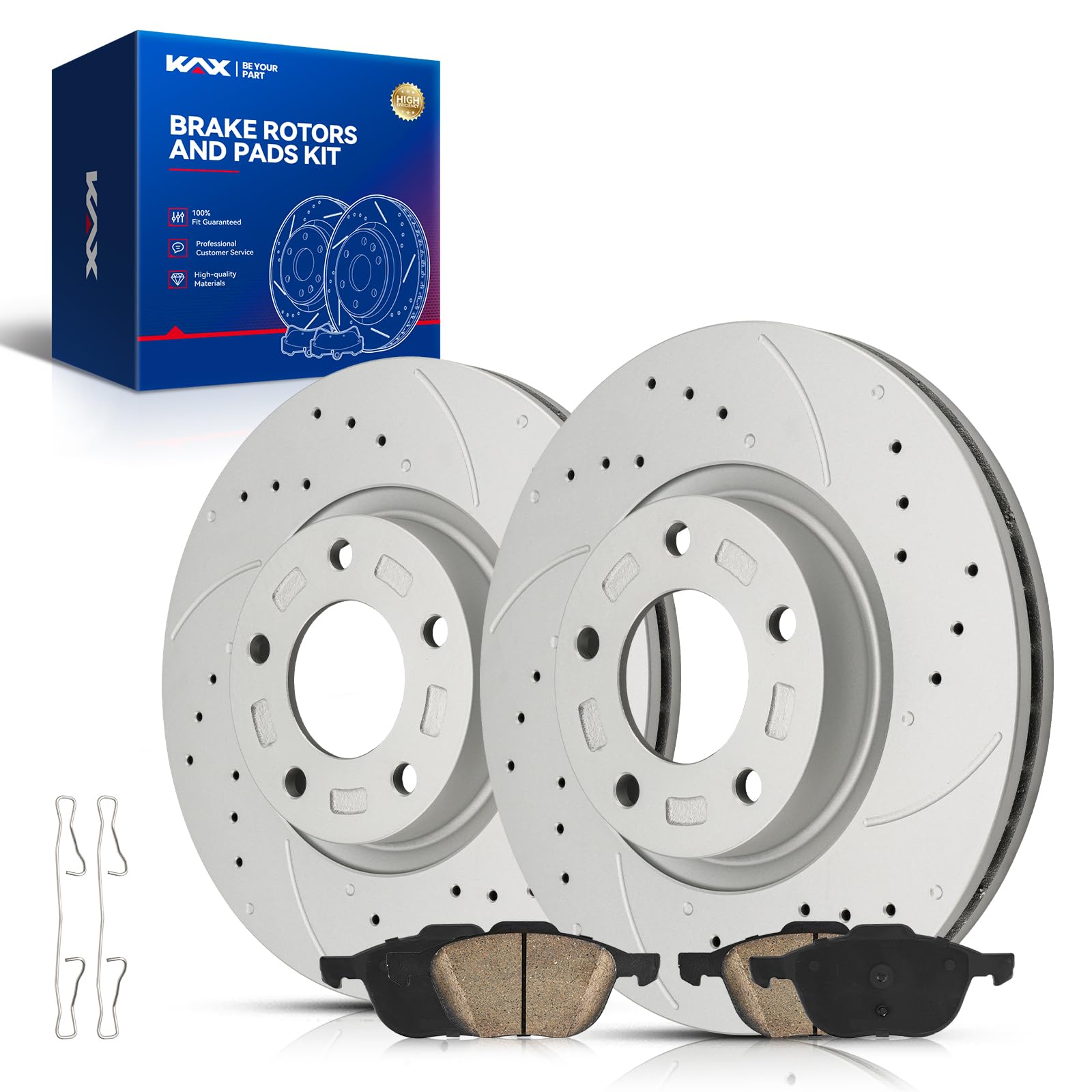 KAX Front Brake Kit, Drilled and Slotted Brake Rotors, Ceramic Brake Pads | Fits Mazda 3 2004-2009 2.3L, Mazda 5 2006-2010 2012, Mazda 3 2010-2013 2.5L, Automotive Replacement Brake Kit