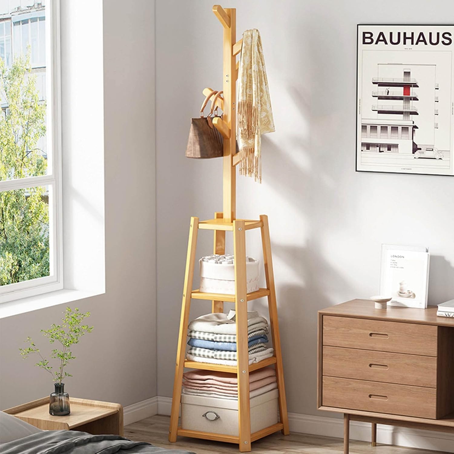 Lukzer Multipurpose Bamboo Triangular 6 Branch Hook 3 Layer Bedroom Hanger Simple Clothes Rack Display Stand (171x30.5x30.5cm)-image-13