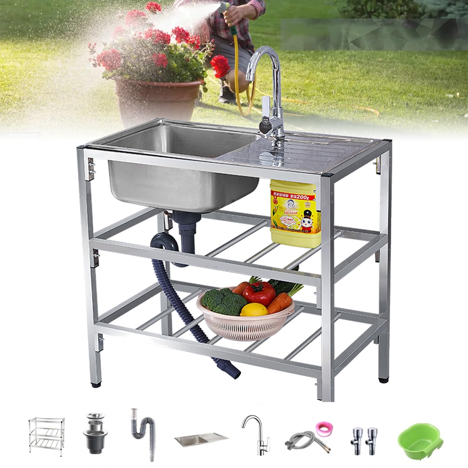Évier de Jardin Extérieur Professionnel avec Chaud/froid Robinet et Support,Évier de Cuisine en Acier Inoxydable Sur Pied Avec Établi, Evier INOX 1 Bac avec Egouttoir,pour cuisines,Jardin