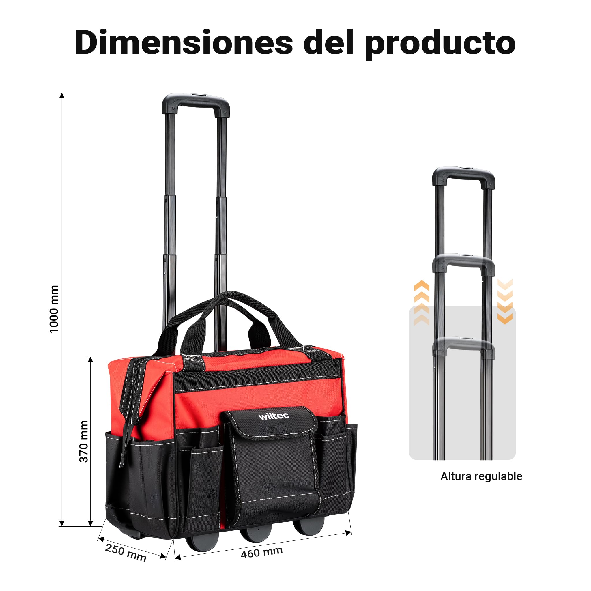 Wiltec Maleta de herramientas con ruedas 19 compartimentos 46 x 25 x 37 cm capacidad máx. 40 kg trolley con asa telescópica para ajuste fácil, pies antideslizantes, organizador