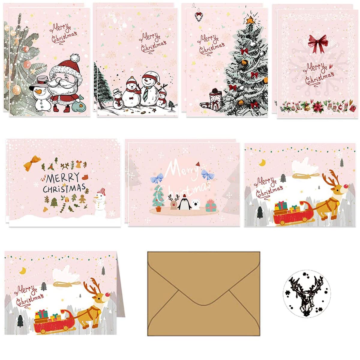 Greeting Cards Christmas Holidays Greeting Card Kits in 7 Unique Festive Pink Designs - 14 Sets