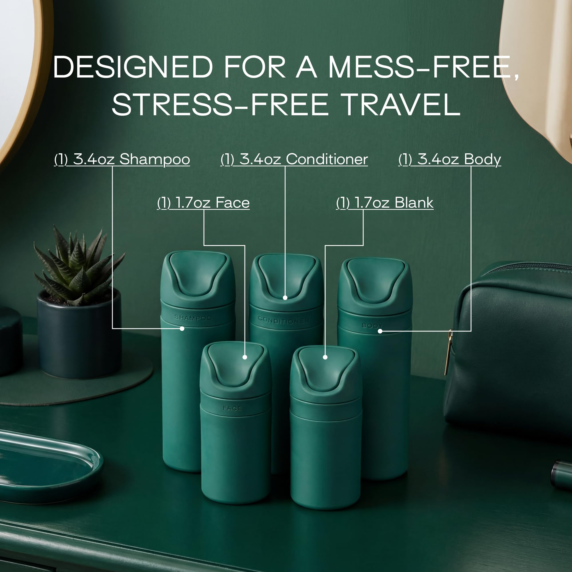 RIES Reiseflaschen für Toilettenartikel, Reisegröße, 5 Stück | Airless Pumpbehälter für Shampoo, Conditioner, Körper, Gesicht, auslaufsicher, TSA-geprüft, spülmaschinenfest