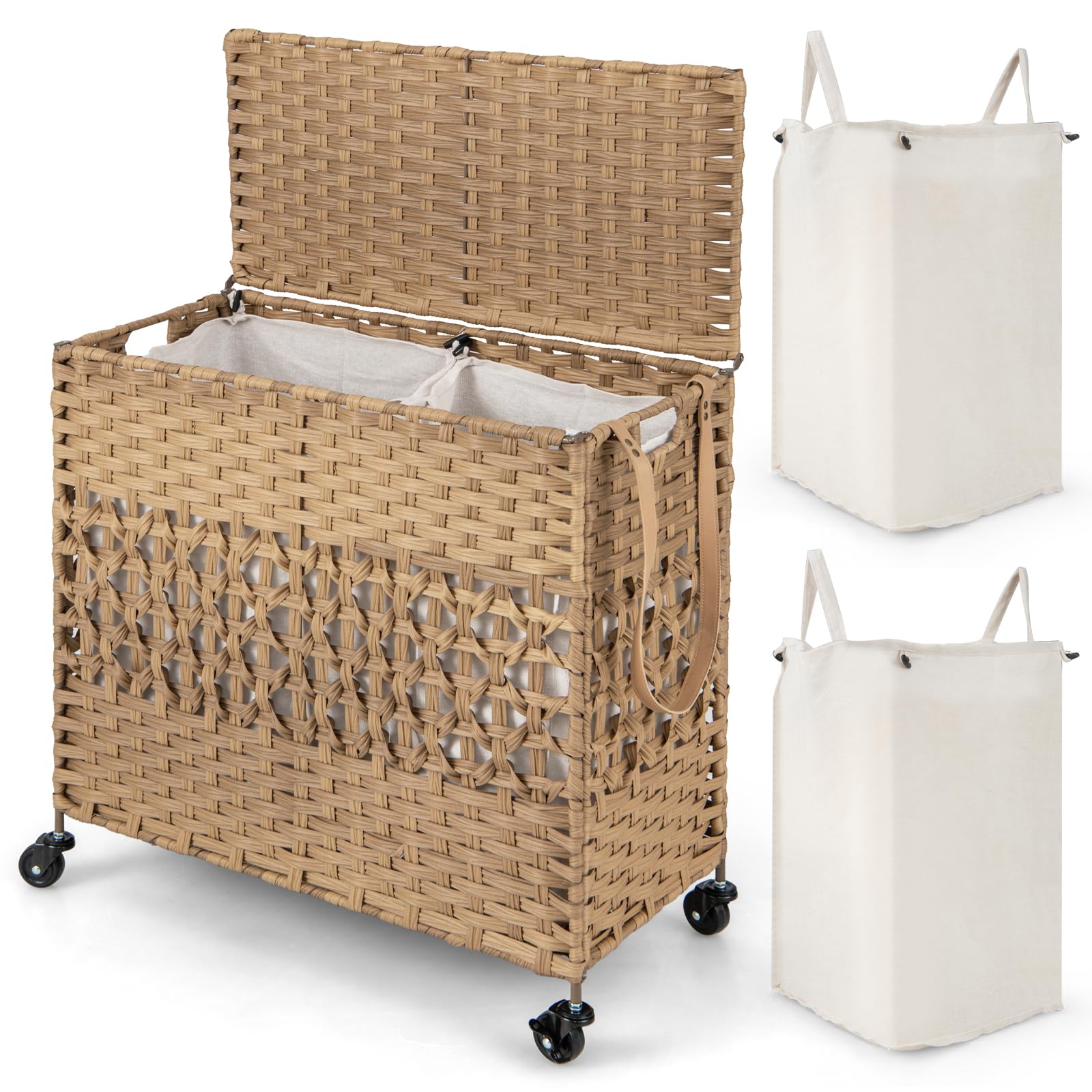 COSTWAY Laundry Basket on Wheels, 110L Foldable Rattan Laundry Hamper with Lid & 2 Removable Liner Bags, 2-Compartment Rolling Dirty Clothes Sorter Wicker Washing Basket for Bathroom Bedroom (Natural)