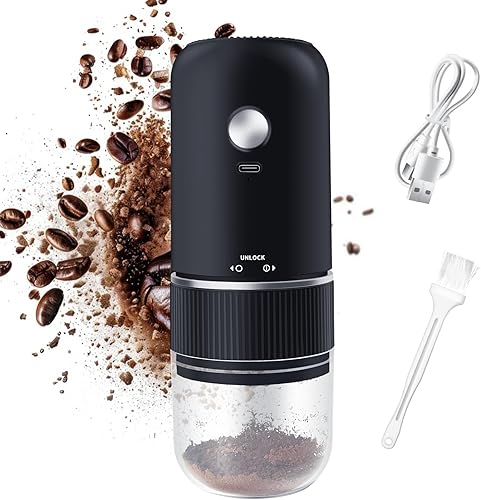 Molinillo de café portátil, molinillo de café eléctrico recargable USB-C con cepillo de limpieza, molinillo de café con rebabas cónicas para uso