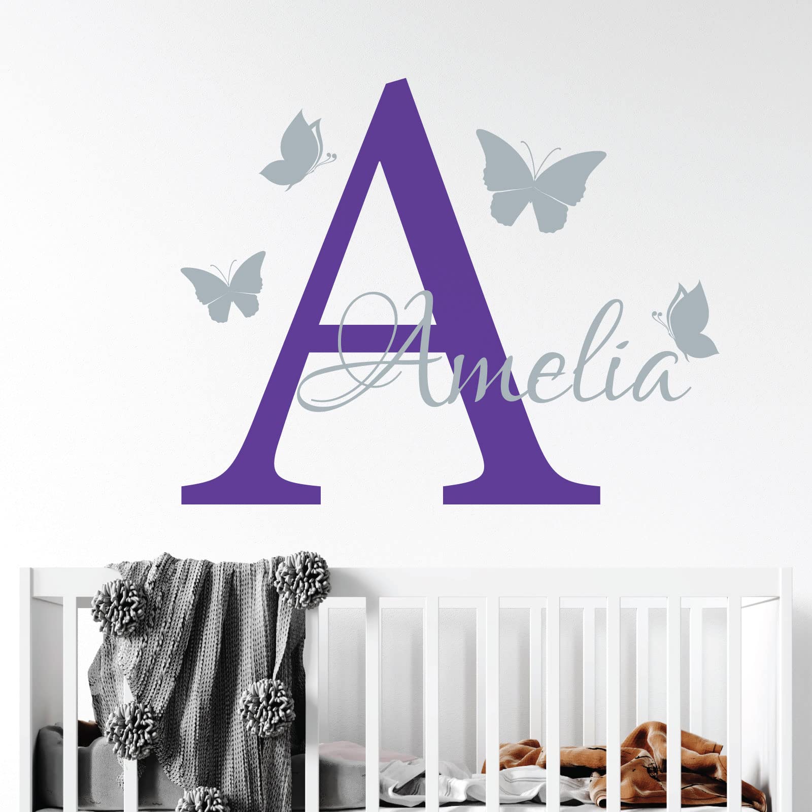 Personalised Name - Initial Letter and Butterflies - Baby Nursery Vinyl Wall Decal Sticker [Medium] [Purple] — image 1