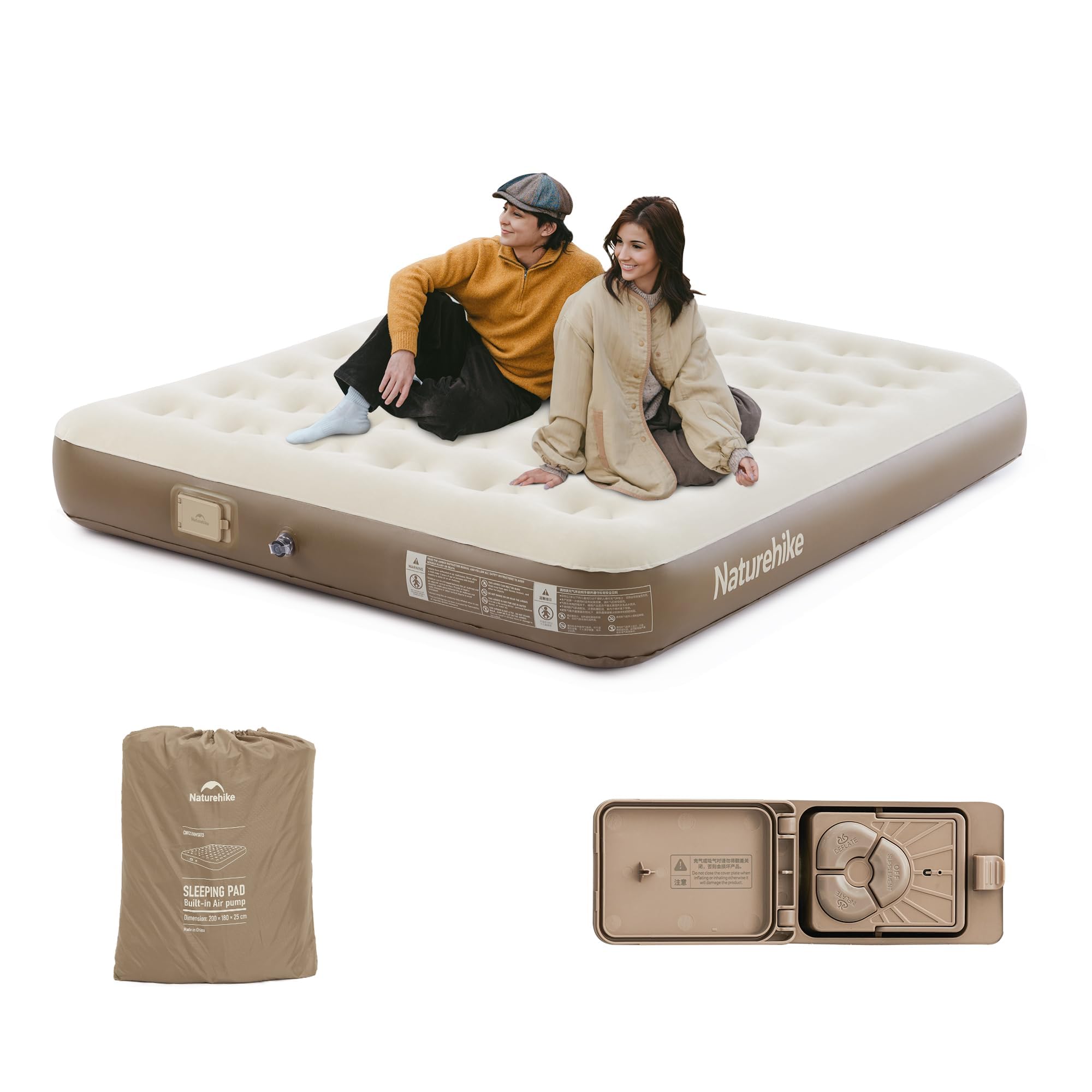 Naturehike Double Inflatable Mattress with Built-in Rechargeable Pump - 200x150x25cm Self-Inflating Airbed for Camping & Home Use - Premium Guest Mattress