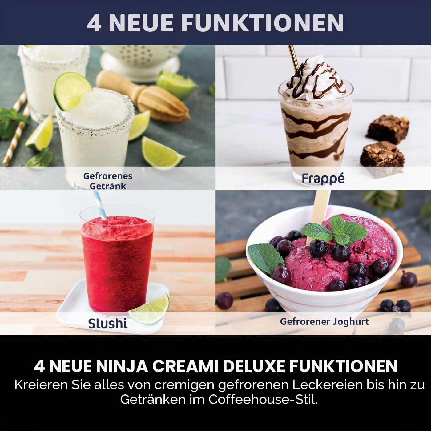 Ninja CREAMi Deluxe Eismaschine und Frozen Dessert Maker mit 3 Dosen, 10 Funktionen, macht Eiscreme Slushi und mehr, 2-in-1 Geschmacksoption, Stone Gold, NC501UKSTGD