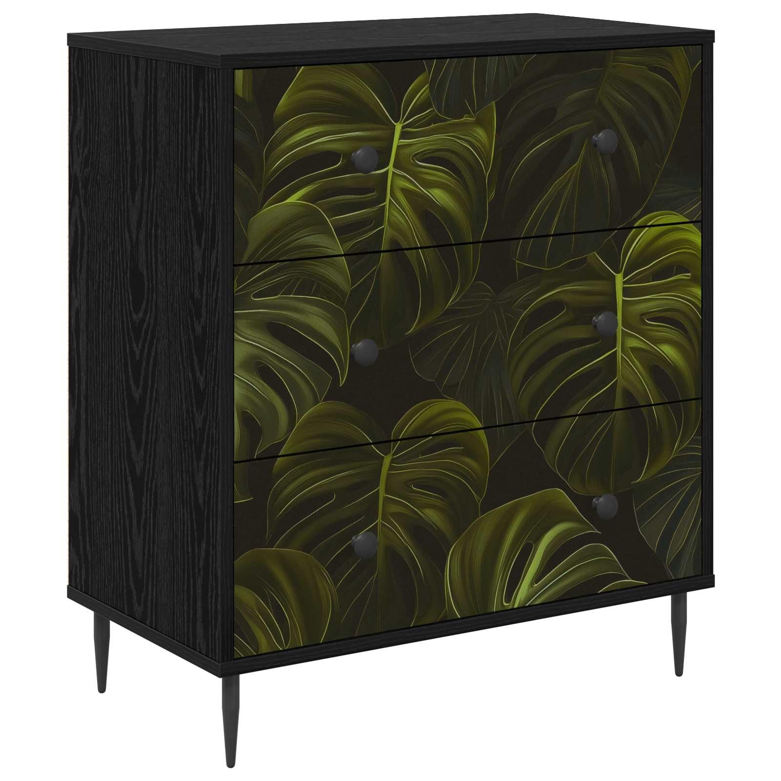 Cassettiera Rovere Nero con 3 Cassetti 66x36,5x76 cm | Comò moderno con stampa a foglia per camera da letto o soggiorno, ideale per riporre documenti e accessori.