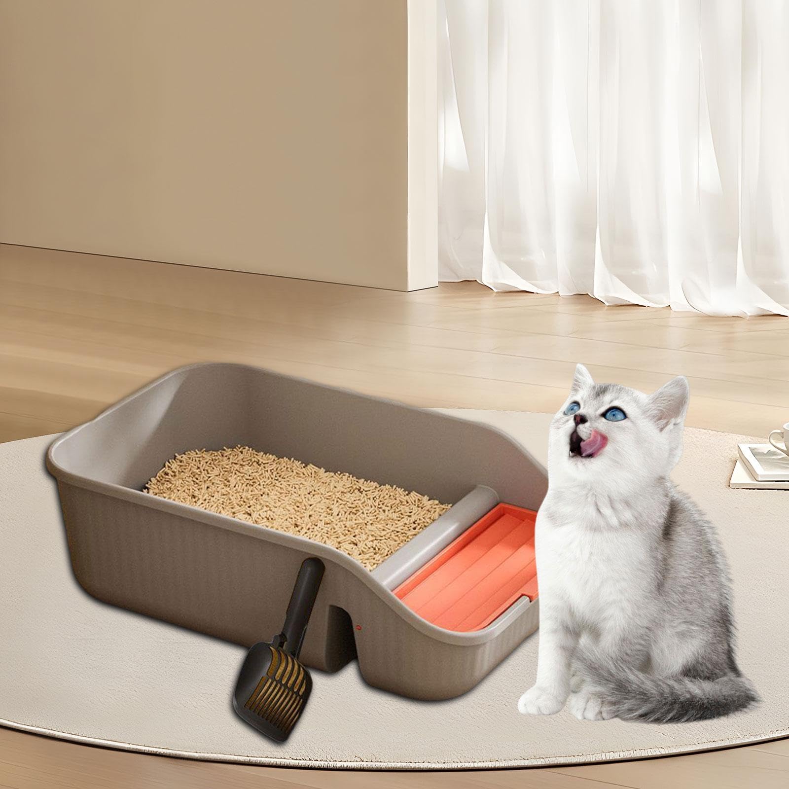 Cat Litter Box for Indoor Cats with Scoop Open Top High Sided for Kitty Small Animals, Gray