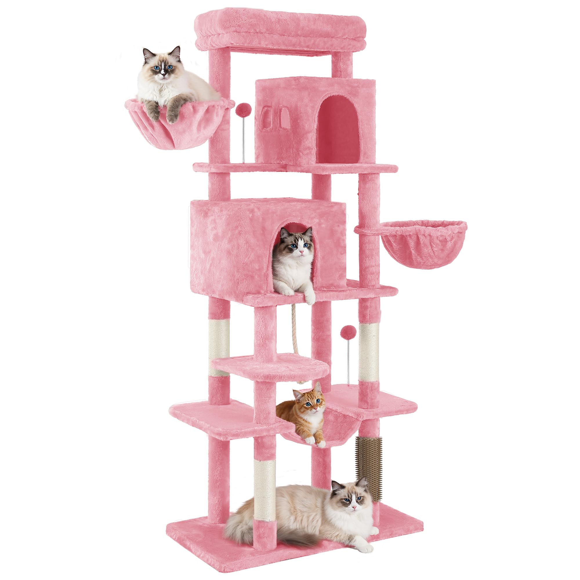 YITAHOME Rascador grande, altura 176 cm, árbol para gatos XL, rascador de varios niveles, rascador para gatos con 2 cuevas, 2 cestas, hamaca, bolas de peluche, cepillos para gatos, color rosa